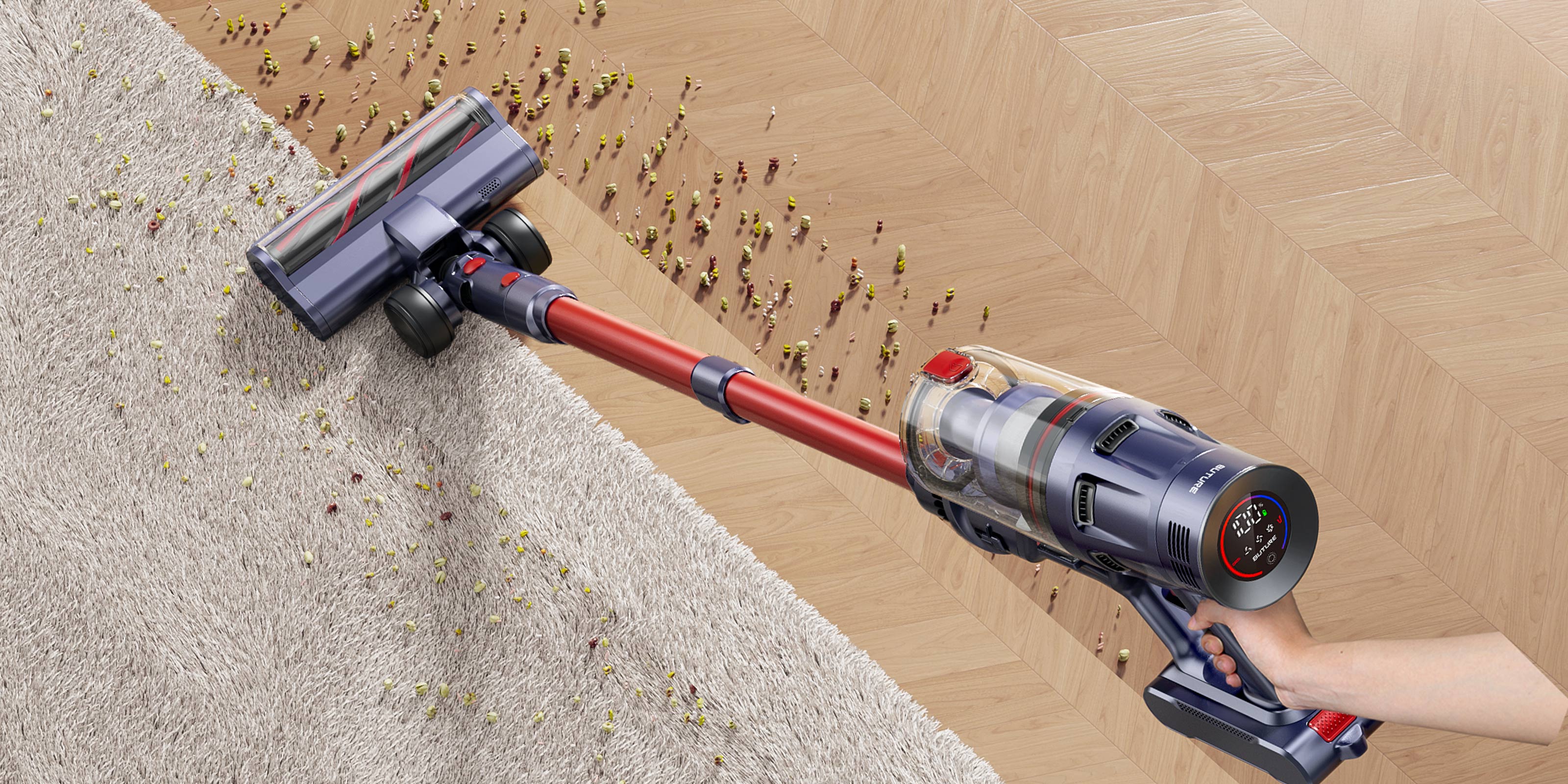Buture BP20 cordless vacuum cleaner comparison – “Before” image showing a messy floor with dirt, crumbs, and pet hair, illustrating the need for powerful and efficient cleaning.