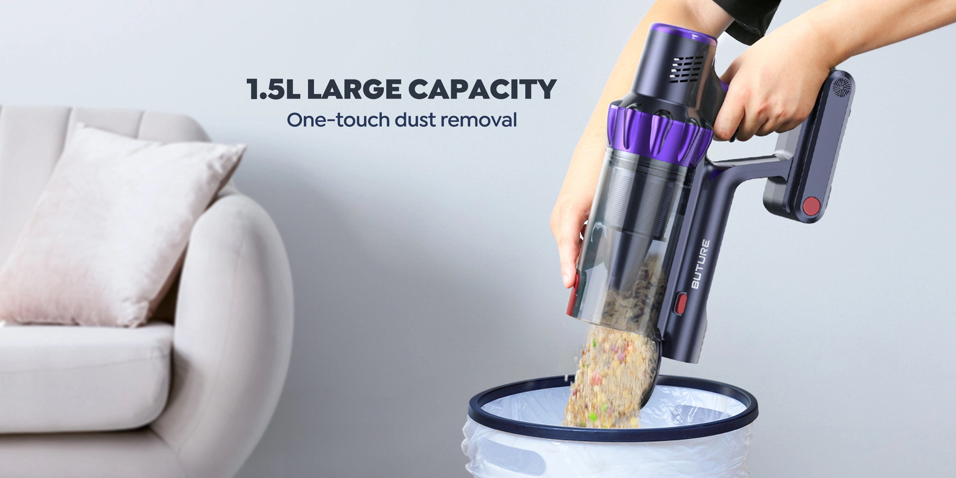 Buture VC70 Cordless Vacuum Cleaner with 1.5L large dustbin being emptied into a trash can using the one-touch dust removal feature, demonstrating easy and hygienic cleaning in a modern home environment.