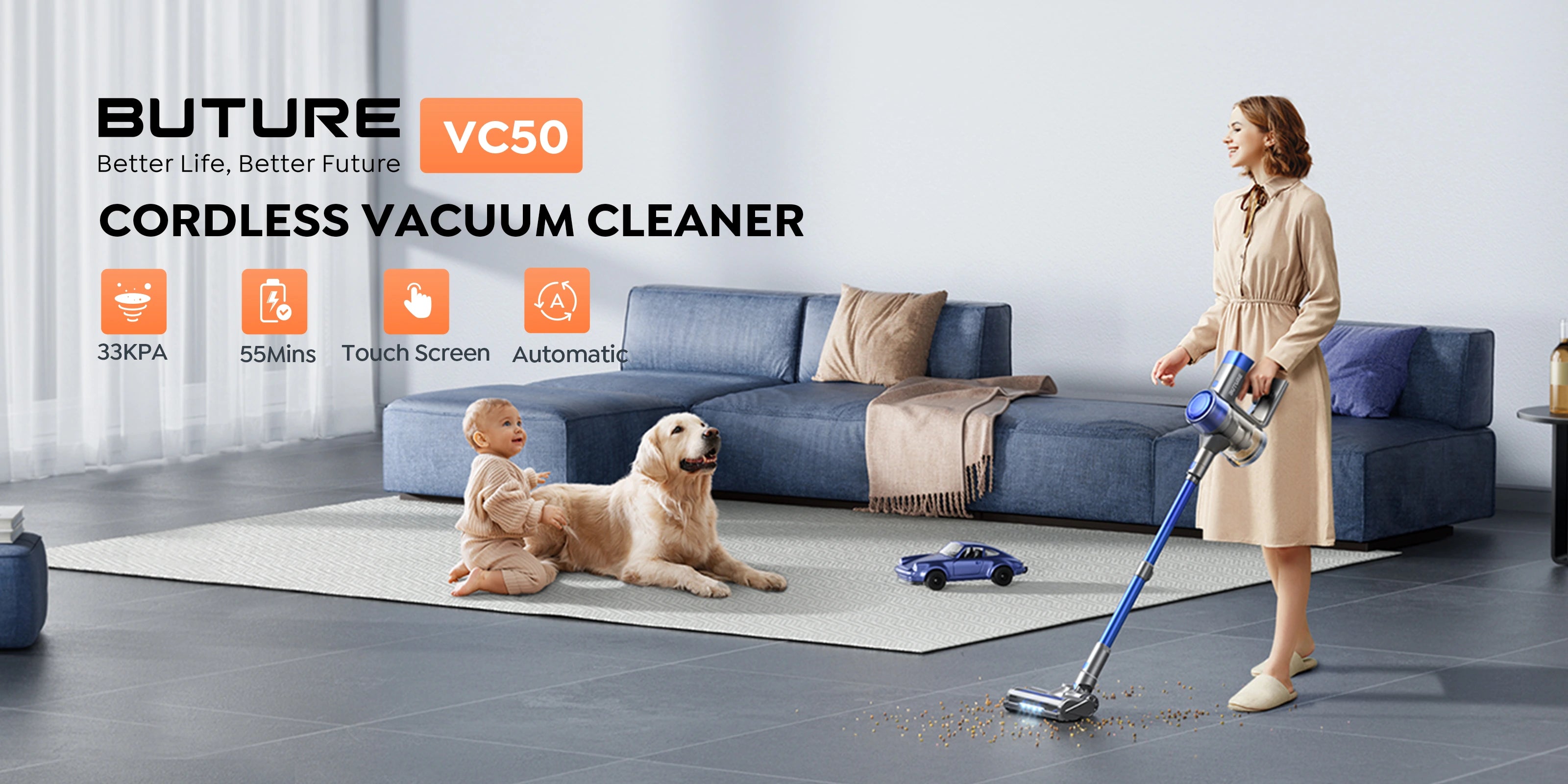 Buture VC50 Blue cordless vacuum cleaner with intelligent cleaning for every surface, 33KPA suction power, up to 55 minutes runtime, touch screen controls, and automatic operation mode.