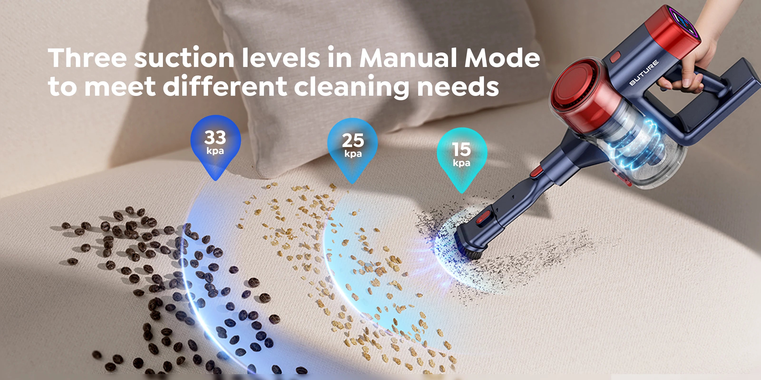 Buture VC50 Red cordless vacuum cleaner featuring three adjustable suction levels in Manual Mode—33 kPa for heavy dirt, 25 kPa for everyday cleaning, and 15 kPa for delicate surfaces—designed to meet diverse cleaning needs efficiently.