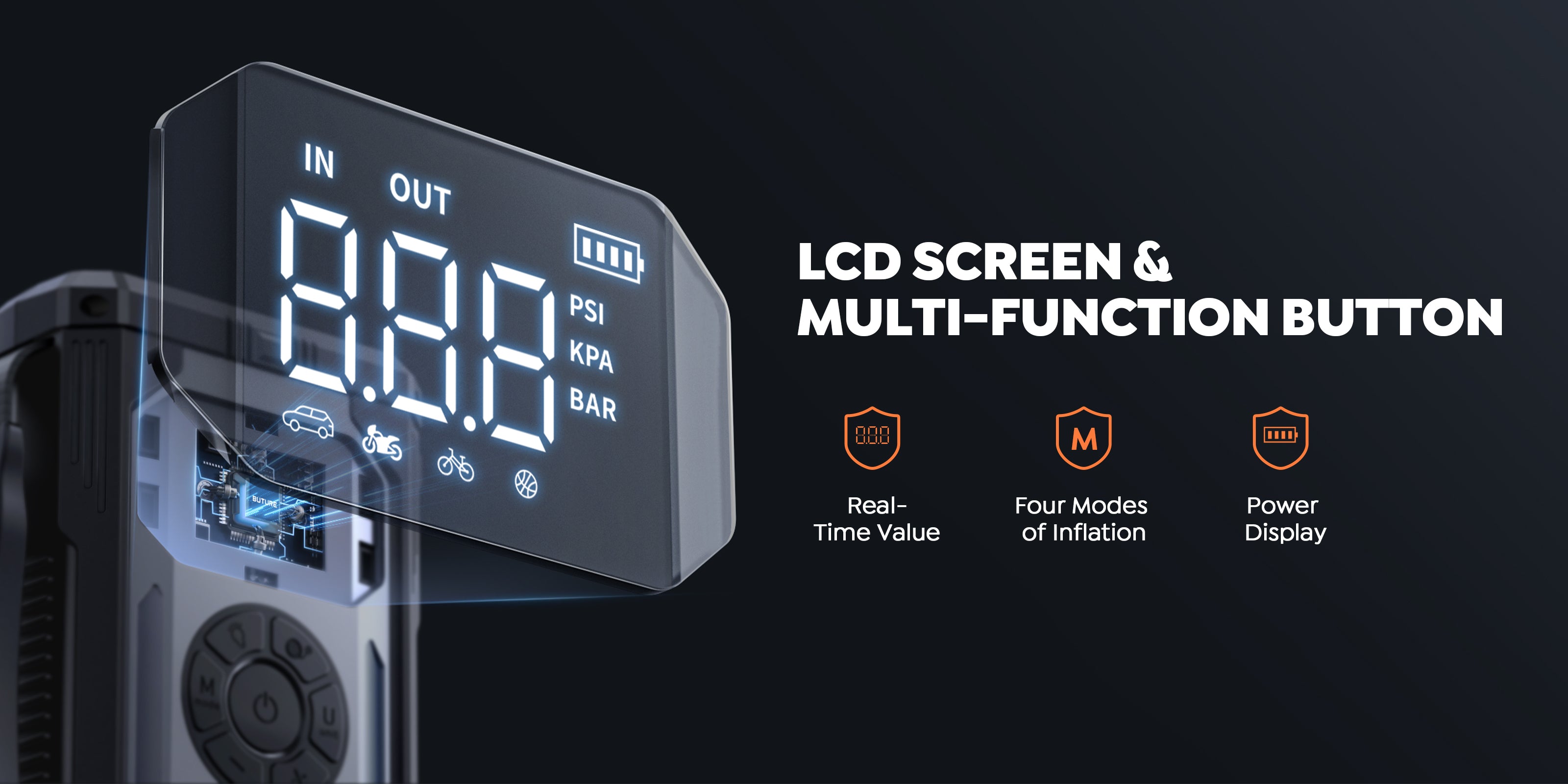 Buture Beta06 car jump starter with LCD smart display – real-time working status, power level, and inflation mode visibility; easily switch between four inflation modes using the multi-function button for precise control.