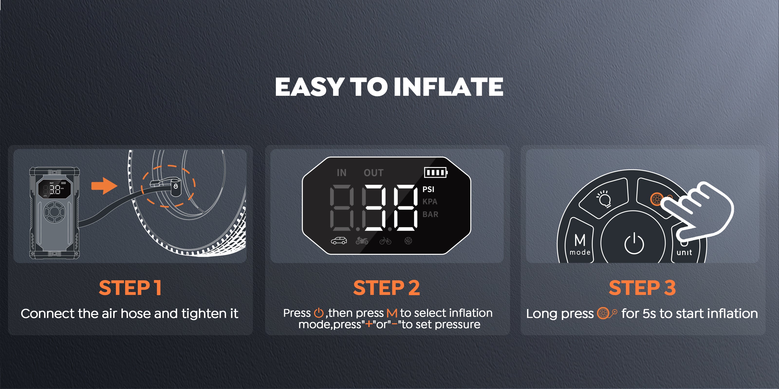 Buture Beta06 car jump starter with air compressor - Easy tire inflation in three simple steps. Step 1: Connect the air hose and tighten it. Step 2: Press "ON" button, select inflation mode, and set pressure. Step 3: Long press "INFLATE" button for 5 seconds to start inflation mode.