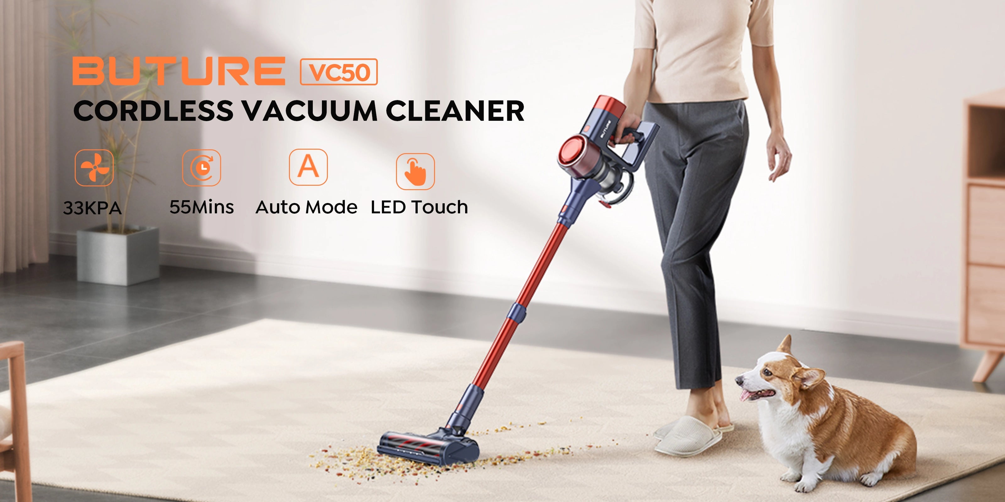 Buture VC50 Red cordless vacuum cleaner with 33KPA powerful suction, up to 55 minutes runtime, auto cleaning mode, and LED touch screen control.