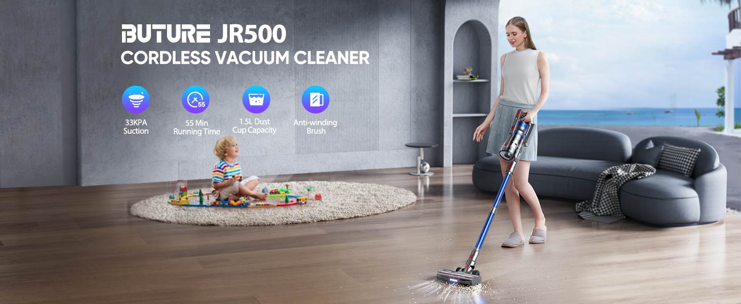 Buture JR500 cordless vacuum cleaner delivers unmatched power with 33 kPa suction, up to 55 minutes runtime, a 1.5 L dust cup, and an anti-winding brush for tangle-free cleaning.