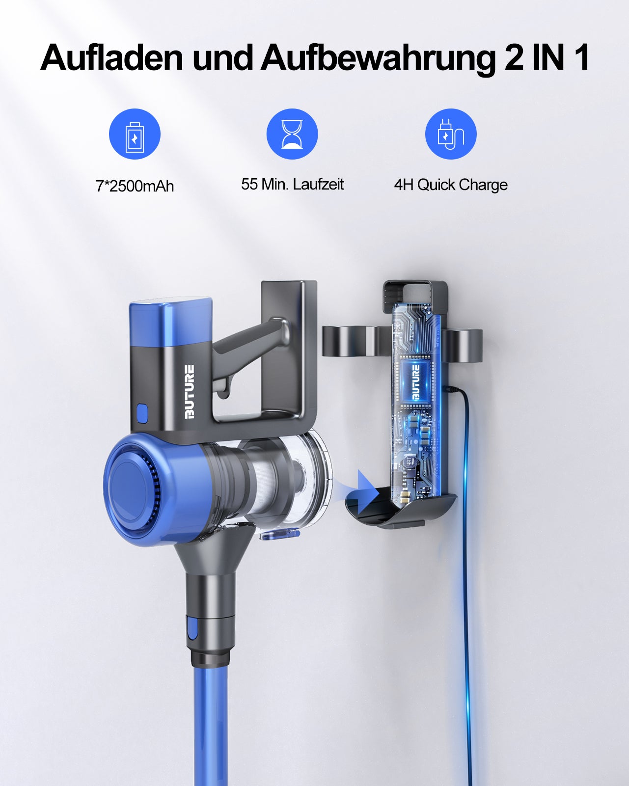 Pack aspirateur : aspirateur Buture VC50 bleu + 2 batteries + 10 filtres HEPA