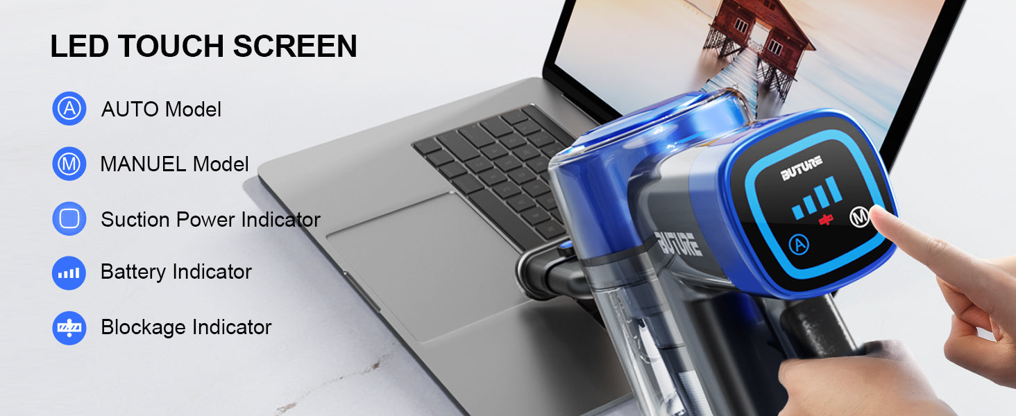 Buture VC50 Blue cordless vacuum cleaner with LED touch screen control for easy switching between Auto and Manual modes, monitoring suction power, battery level, and blockage detection.