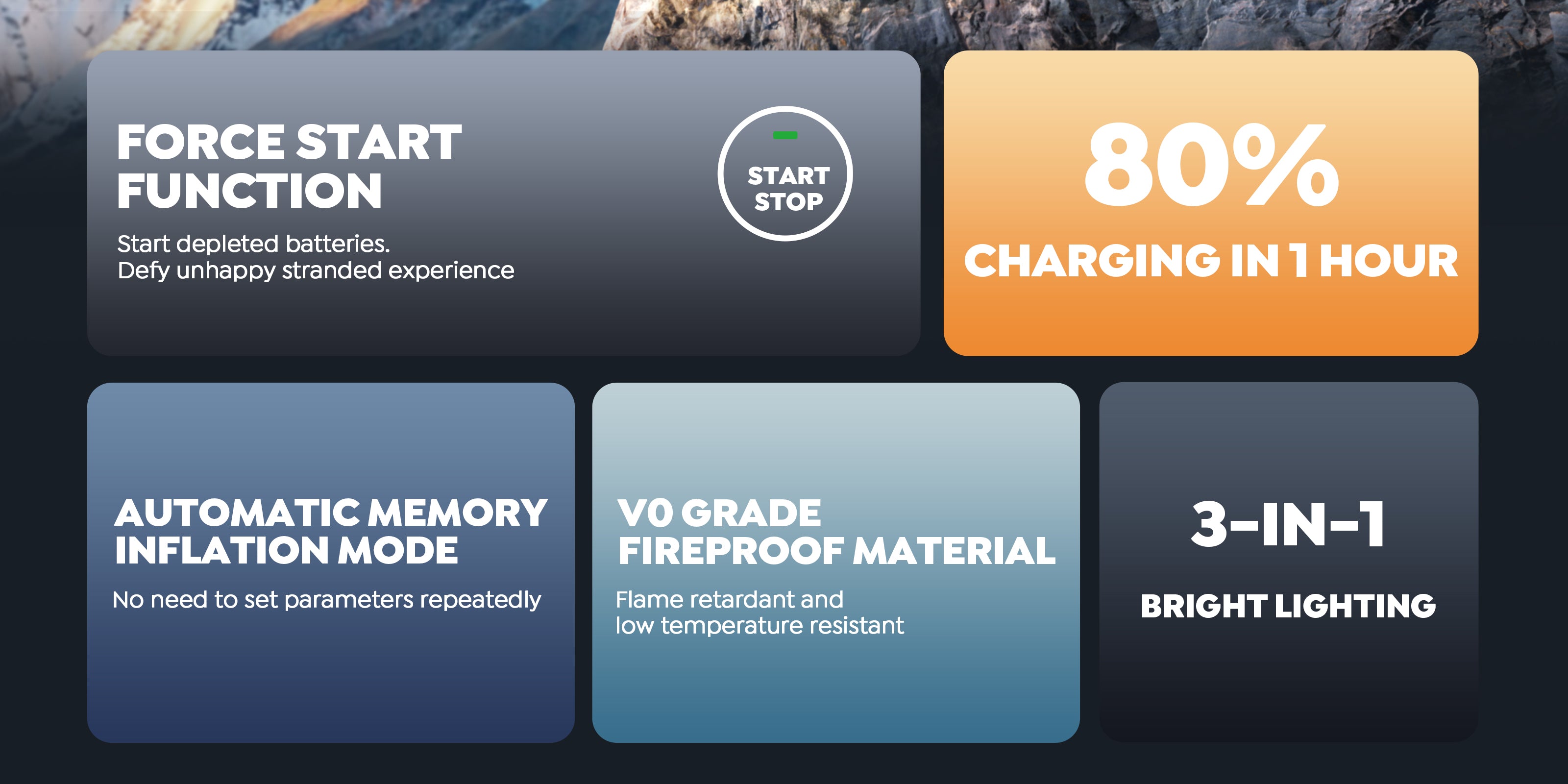 Buture Beta06 car jump starter with force start for dead batteries, 80% fast charging in 1 hour, automatic memory tire inflation, V0 flame-retardant fireproof shell, and 3-in-1 emergency LED light.