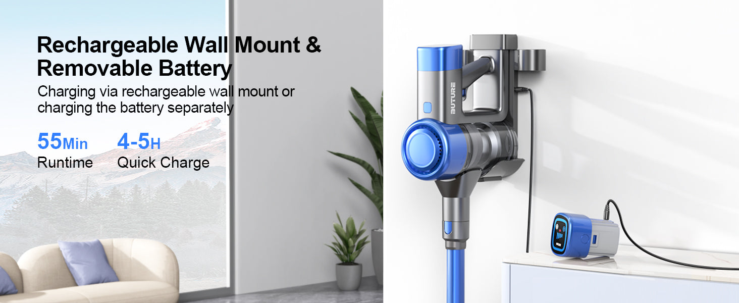 Buture VC50 Blue cordless vacuum cleaner with removable battery and rechargeable wall mount, offering 55 minutes runtime and quick 4–5 hour charging either via wall mount or battery charger.