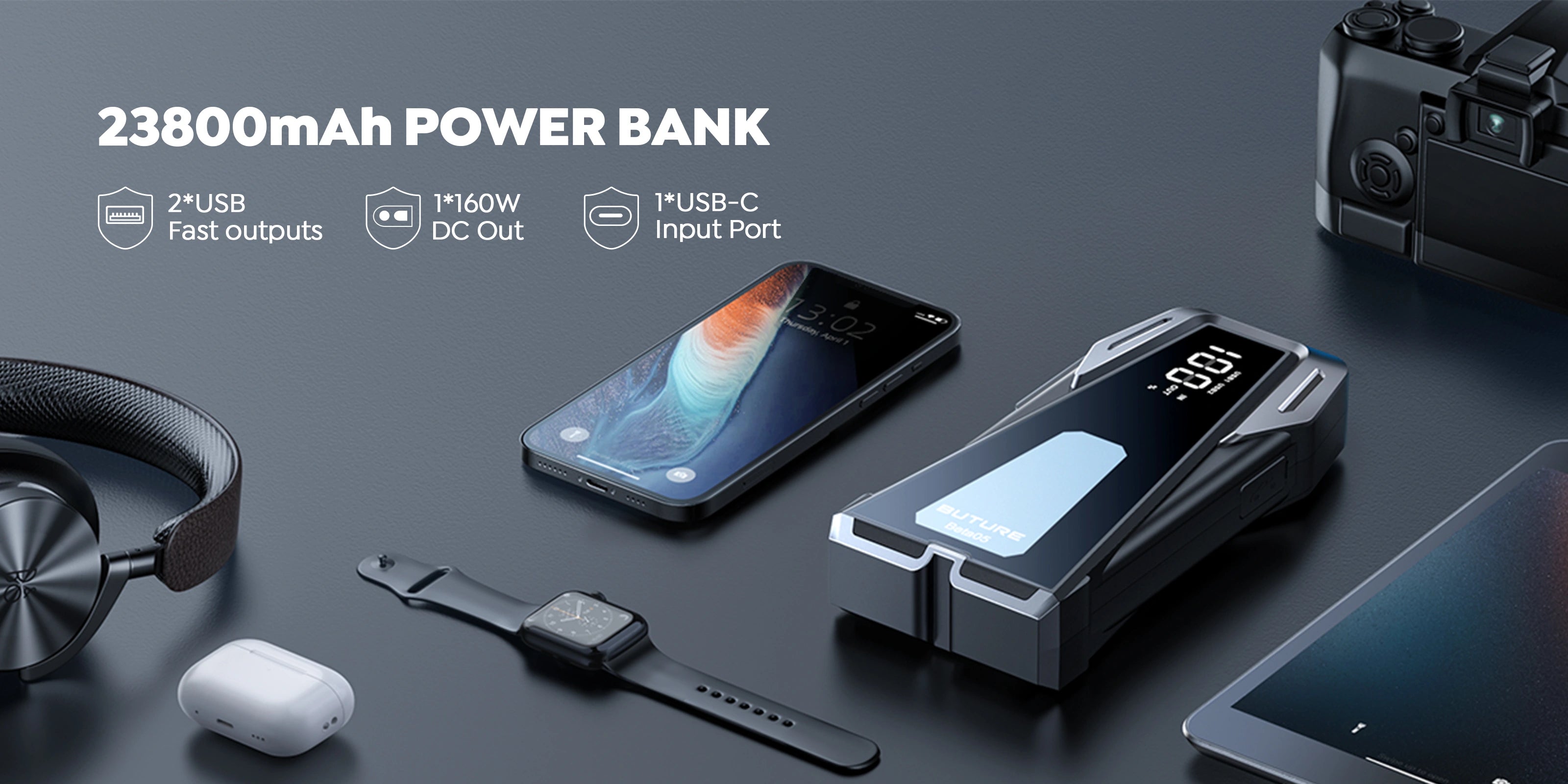 Buture Beta05 with 23800mAh capacity serves as portable power bank , equipped with 2 USB Fast outputs, 1 USB-C input port, 160W DC out, and fast charging support for versatile device powering.