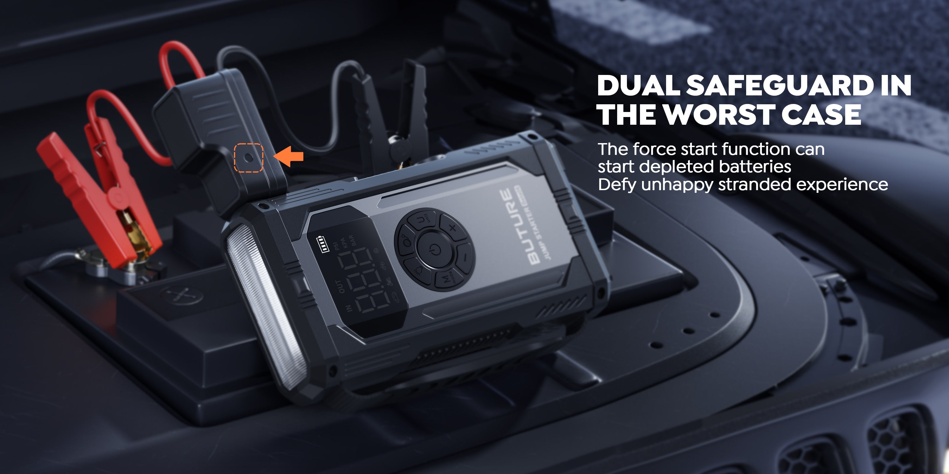 Buture Beta06 jump starter with force start function for depleted batteries, smart clamps with dual safeguard to prevent stranded emergencies.