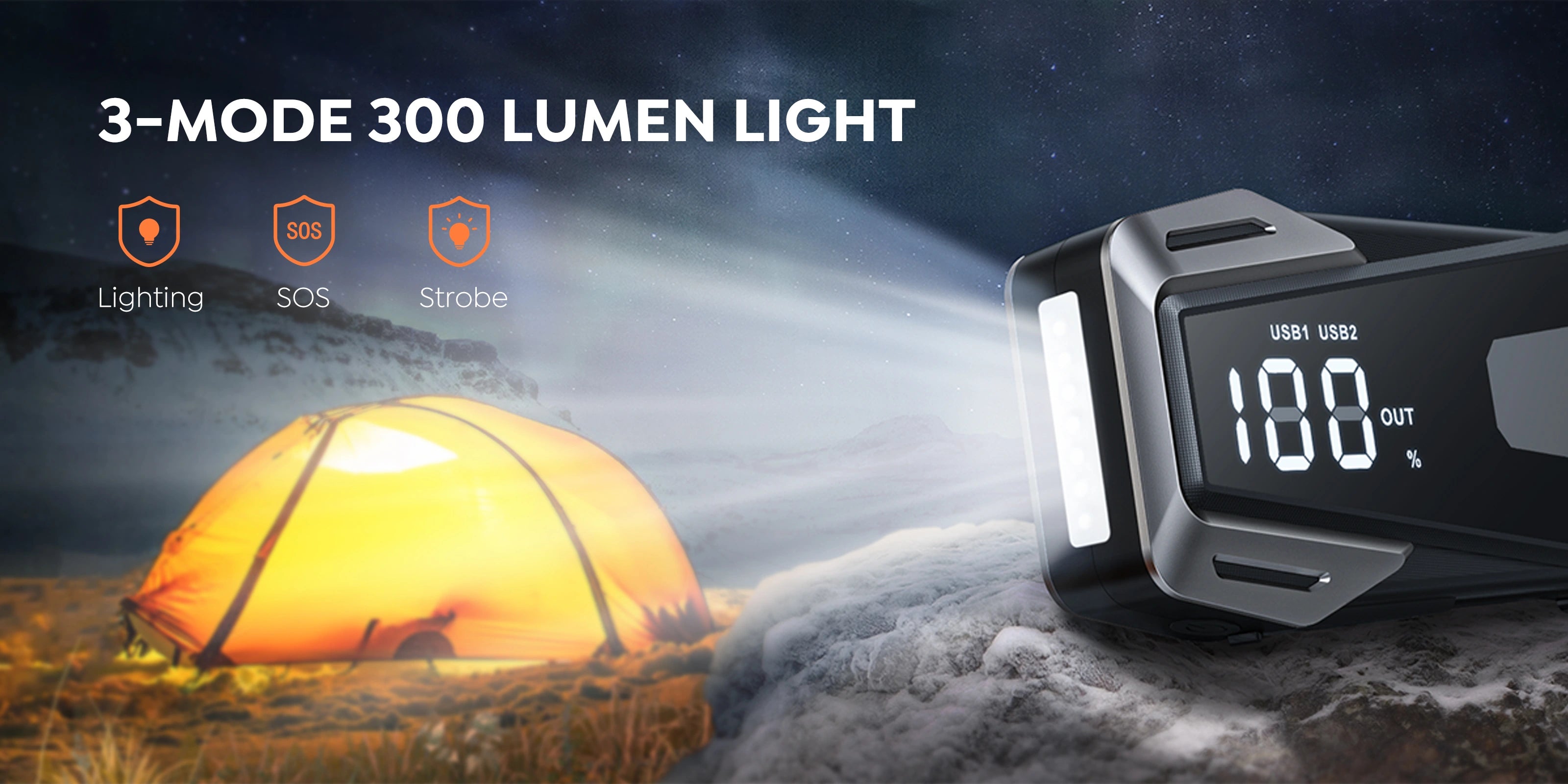 Buture Beta02 features a 3-mode 300 lumen LED light with Lighting, SOS, and Strobe modes; ideal for outdoor use like camping or emergencies.