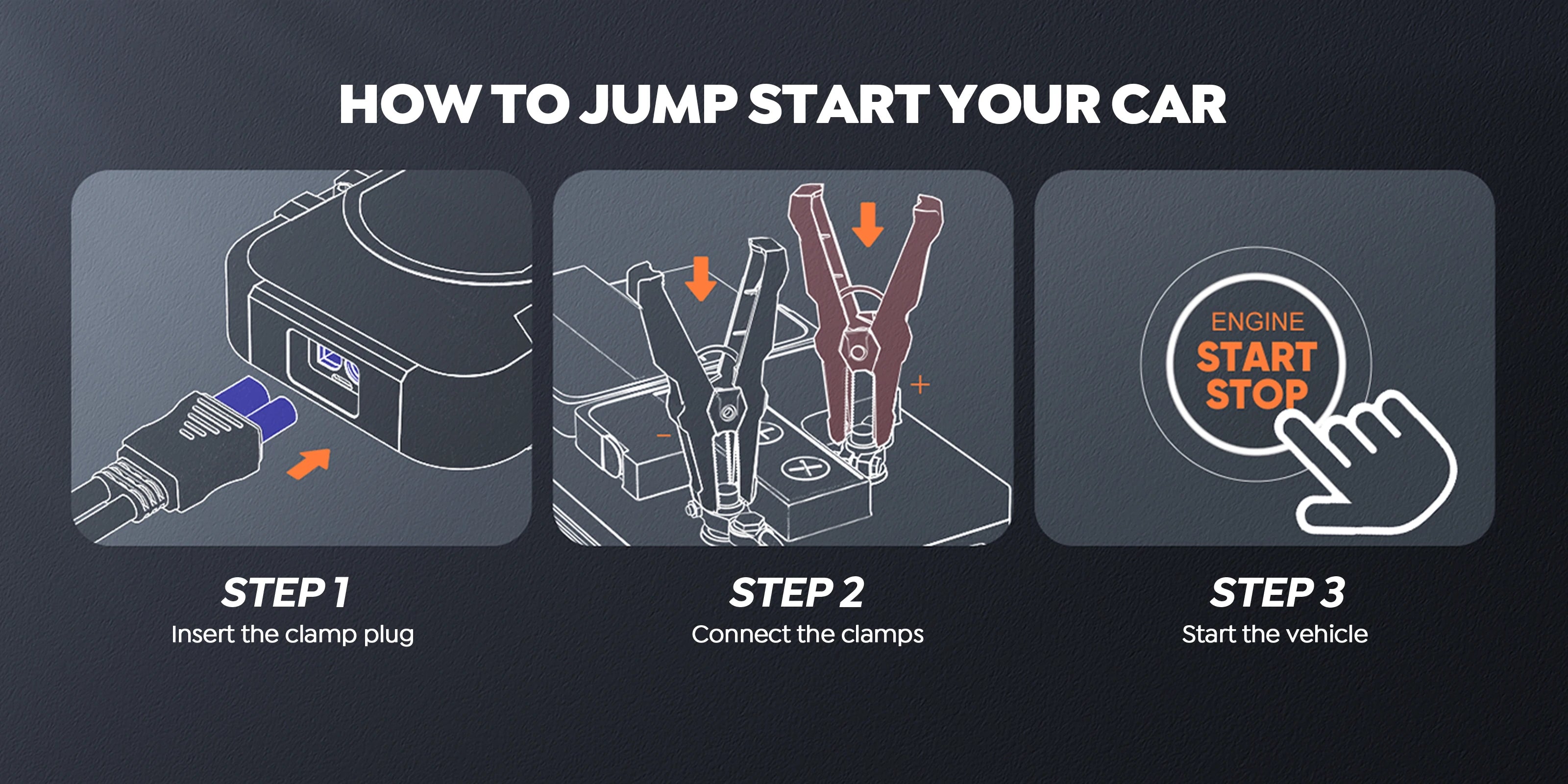Easy Operation on Buture Beta04 Car Jump Starter - Three three steps to jump start your car