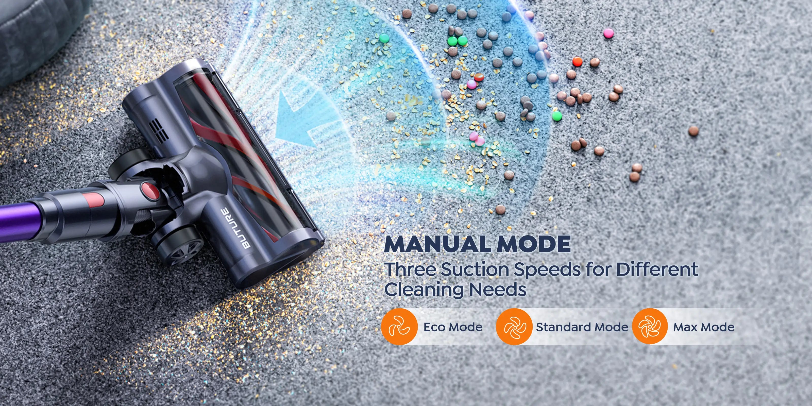 Buture VC70 Cordless Vacuum Cleaner Manual Mode – Offers three suction speeds: Eco Mode, Standard Mode, and Max Mode for different cleaning needs.