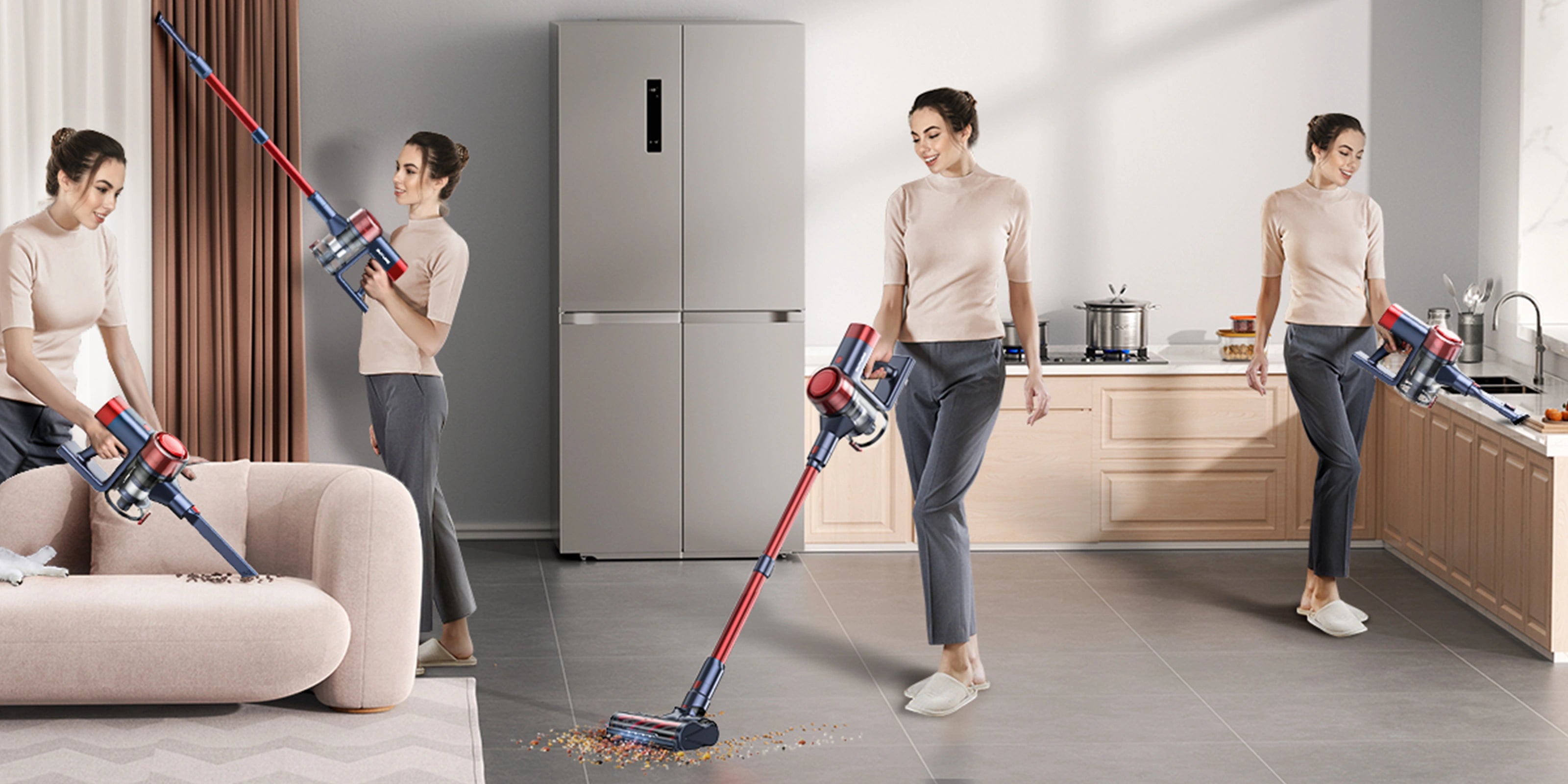 Buture VC50 Red cordless vacuum cleaner with a variety of attachments designed for efficient cleaning across different surfaces and hard-to-reach areas.