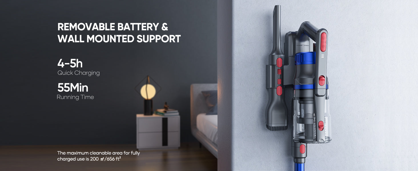 Buture JR500 cordless vacuum cleaner with removable battery and wall-mounted storage, quick 4–5 hour recharge for up to 55 minutes runtime, covering up to 200 m² (656 ft²) per charge.