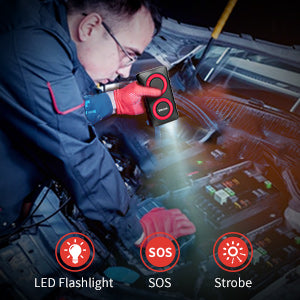 Buture BR800 handheld jump starter with built-in 3-mode LED flashlight (flashing, strobe, SOS), ideal for emergencies and night-time visibility.