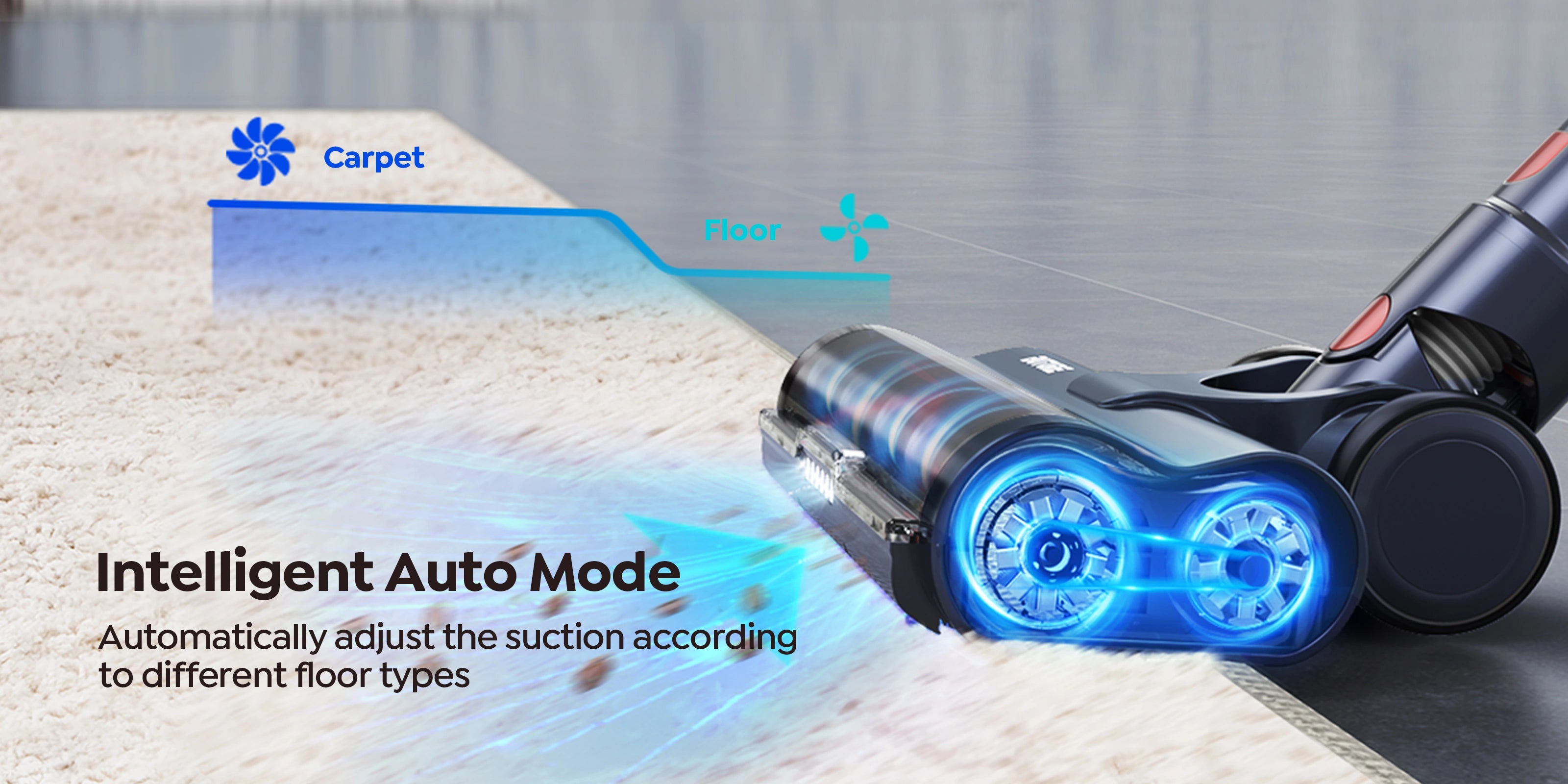 Buture VC50 Red cordless vacuum cleaner featuring Intelligent Auto Mode that adjusts suction based on floor type, plus Manual Mode with 3 adjustable suction levels - 33kPa, 25kPa, and 15kPa  for tailored cleaning.