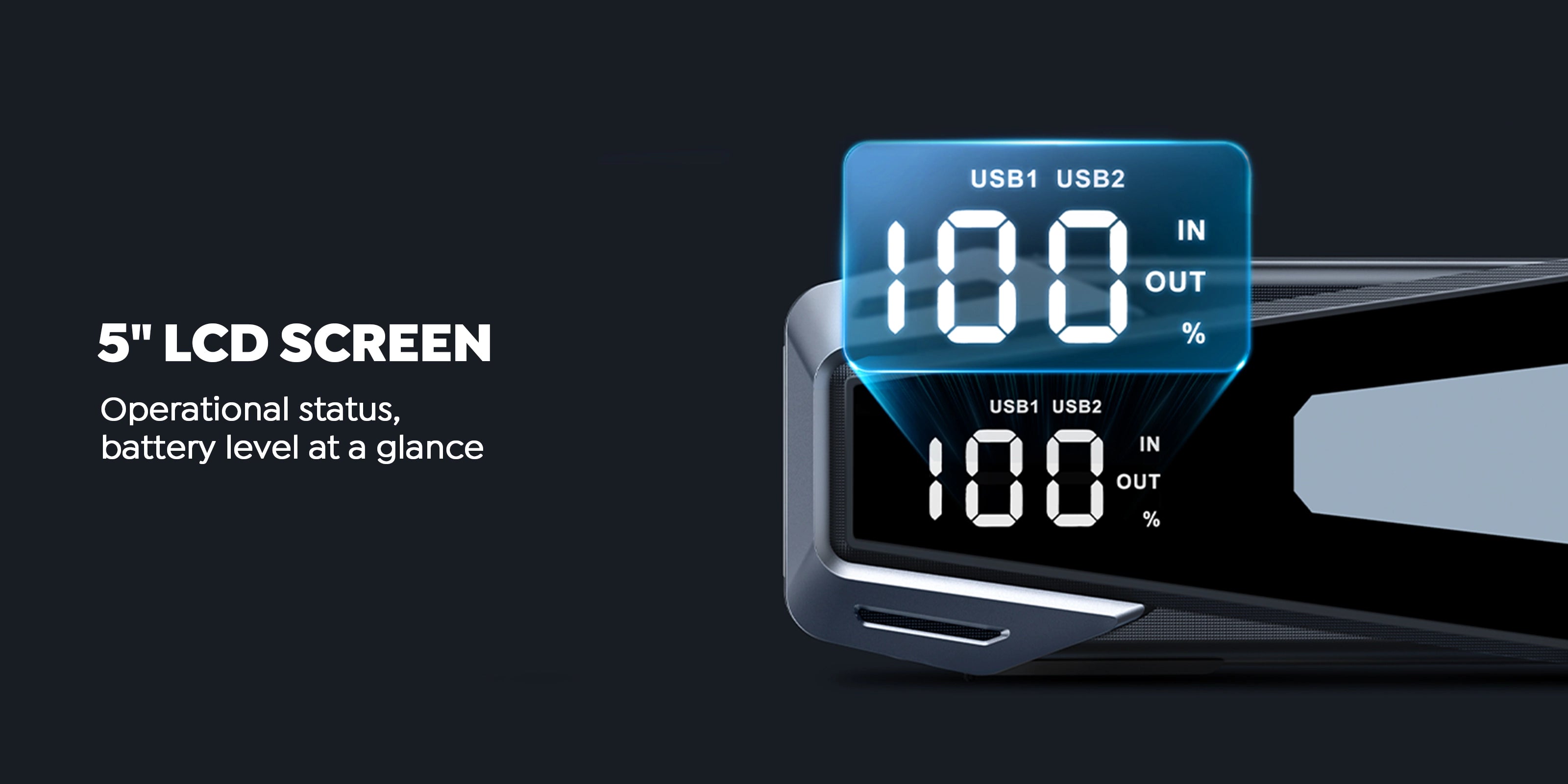 Buture Beta05 jump starter with 5-inch LCD screen showing operational status and battery level at a glance.