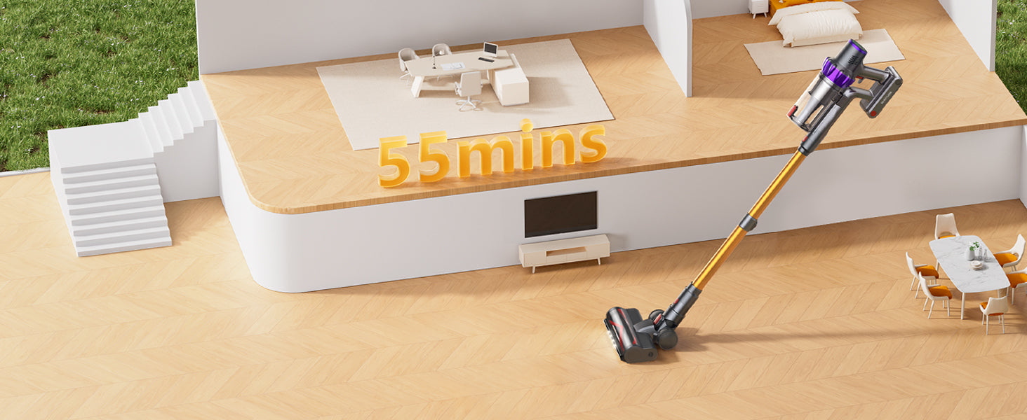 Buture VC80 cordless vacuum cleaner with up to 55 minutes of battery life, ideal for efficient whole-house cleaning without interruption.