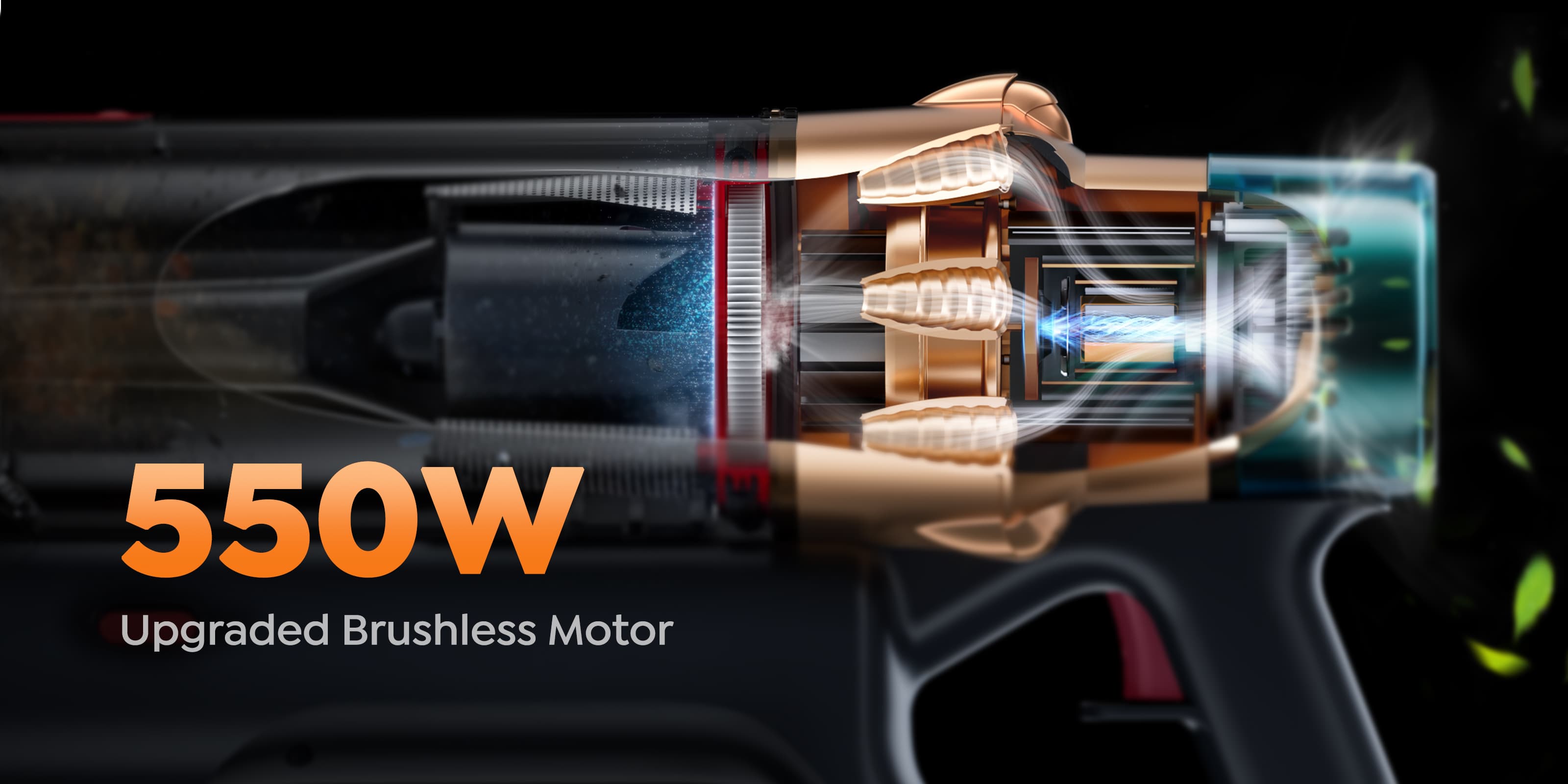 VAC01 upright vacuum cleaner 550W Upgraded Brushless Motor, strong suction.