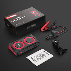 Buture BR800- A Portable Jump Starter with 12,800mAh capacity, 12V start voltage, 1200A peak current, over 300 battery cycles, and USB-C input/output support.