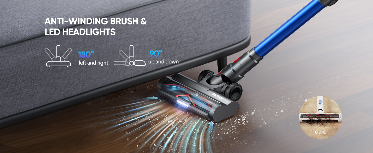 Buture JR500 cordless vacuum cleaner features an anti-tangle brush, 180° rotating head, and built-in LED headlights for effortless cleaning in tight spaces.