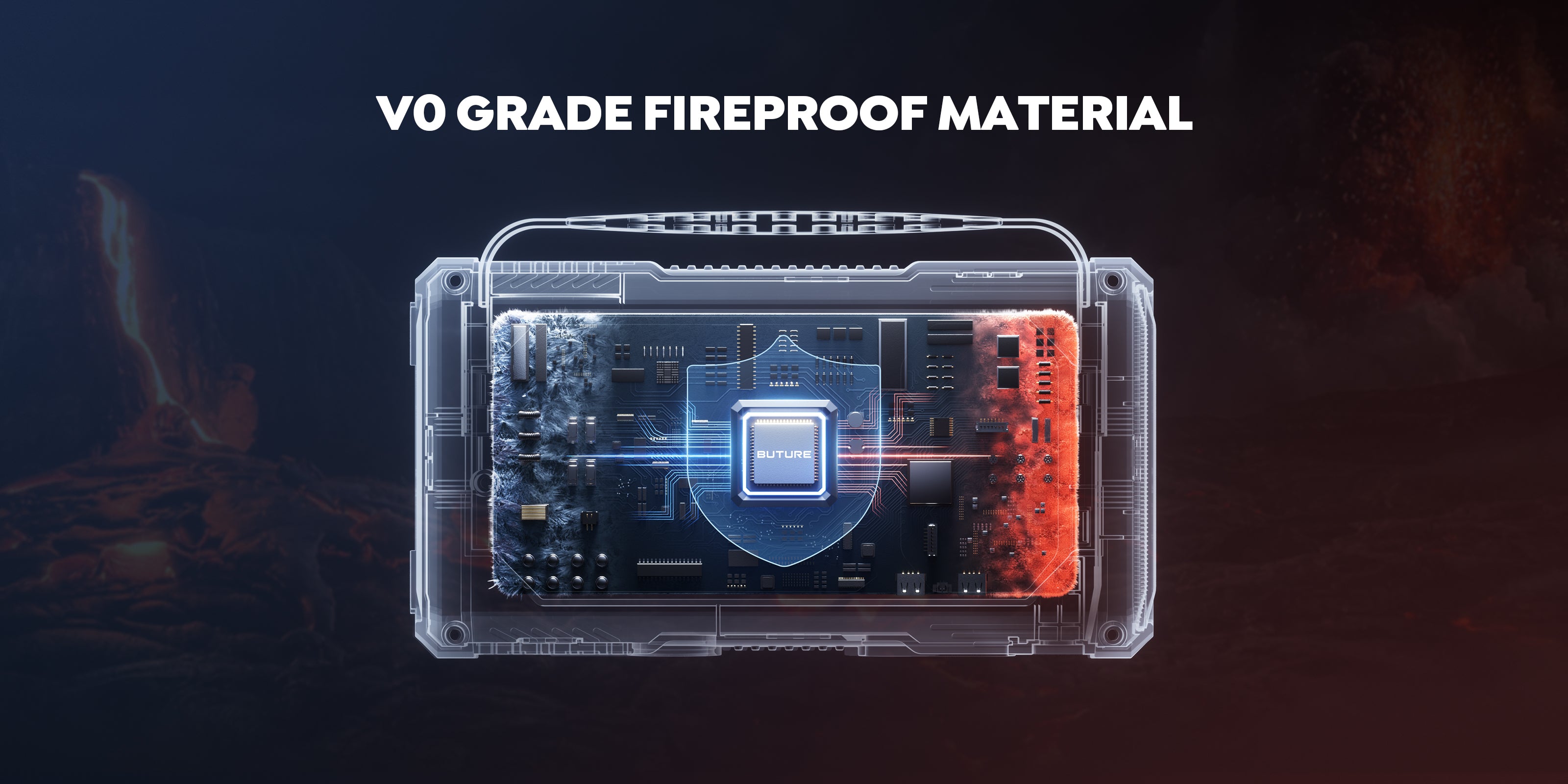 Buture Beta06 jump starter made with V0 grade fireproof material, highly durable, flame-retardant, and resistant to extreme temperatures.