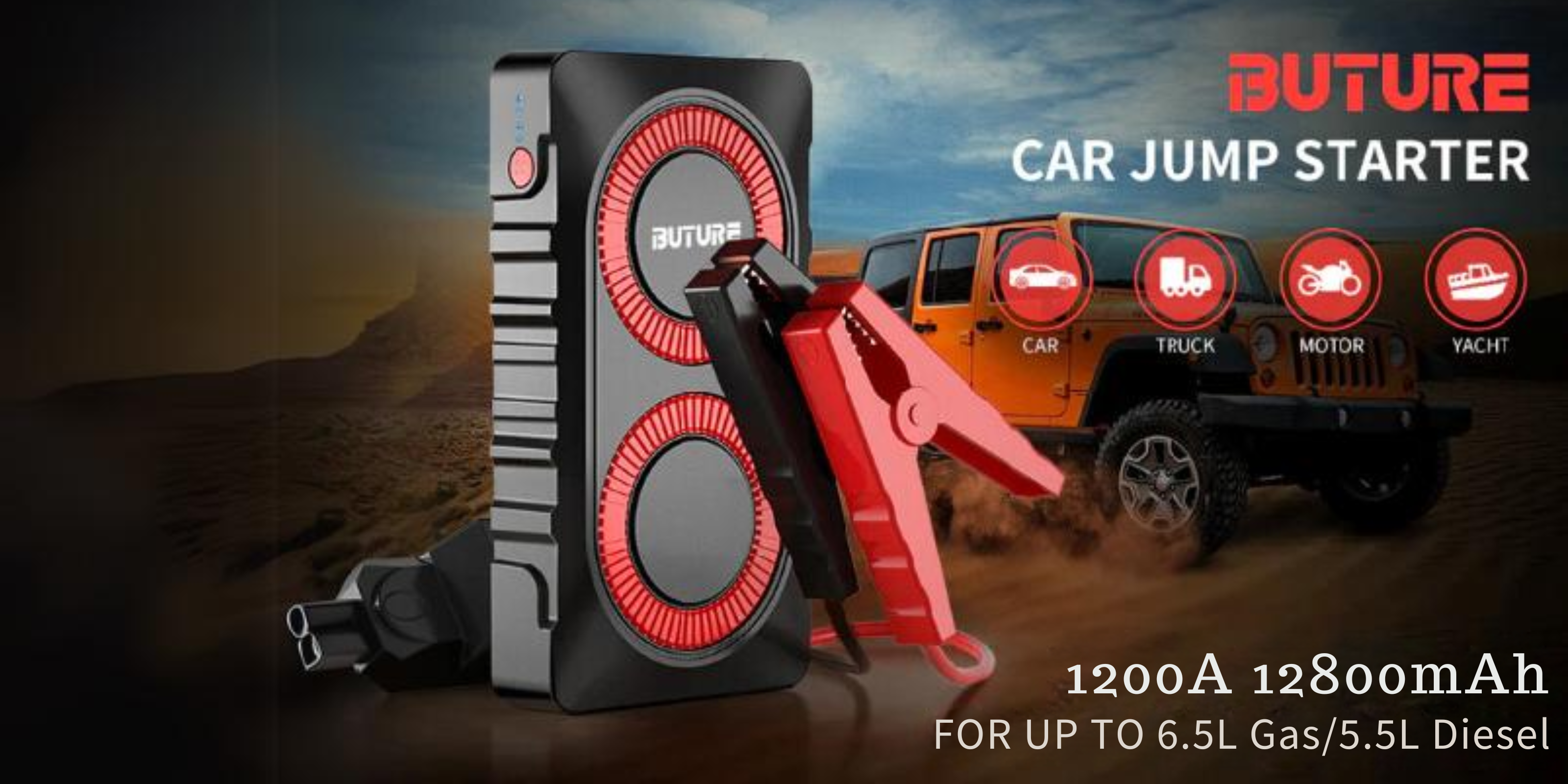 Buture BR800 portable car jump starter safely jump-starts all 12V vehicles up to 6.0L gas and 5.0L diesel engines; ideal for cars, motorcycles, trucks, boats, and more.