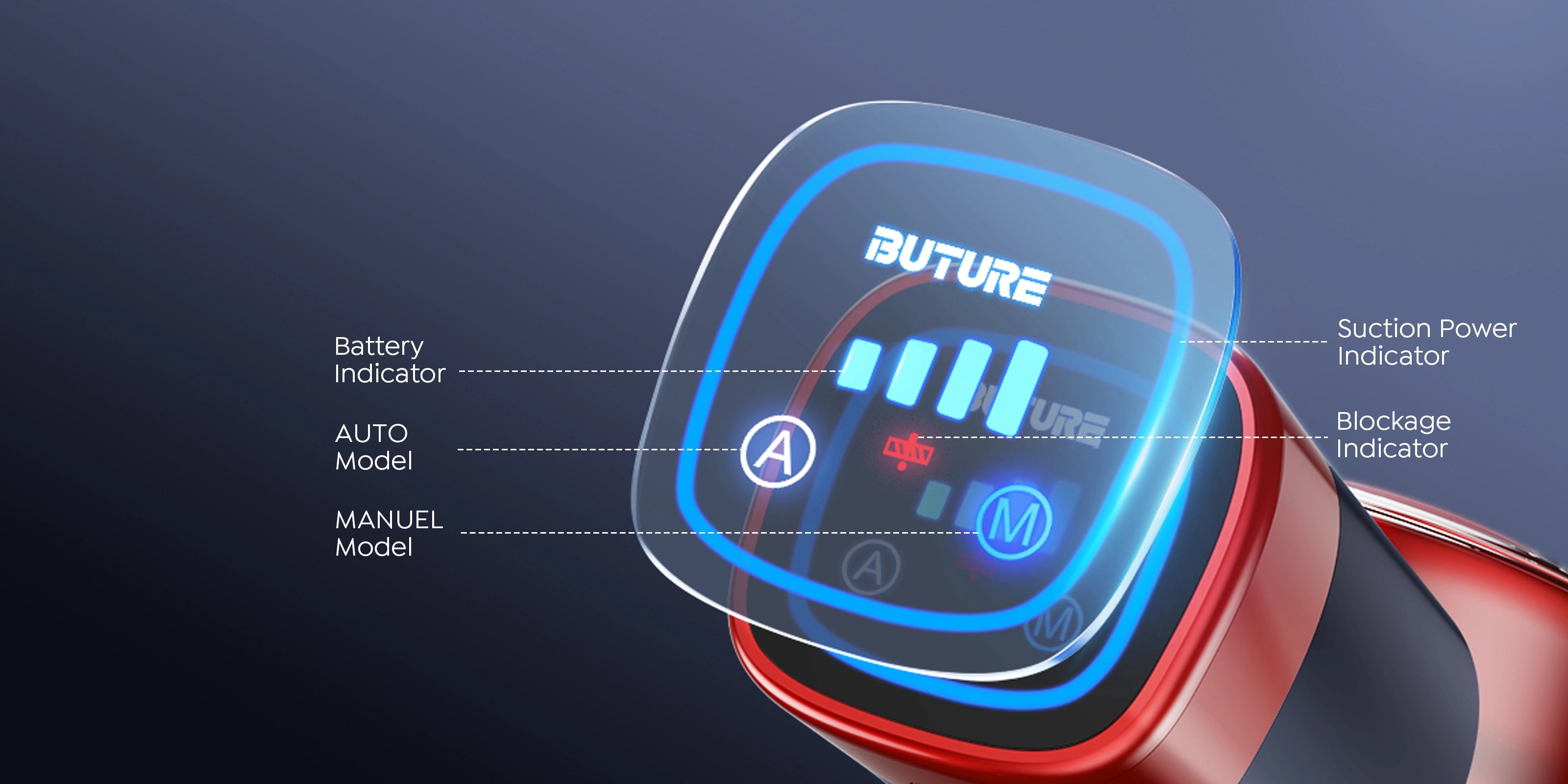 Buture VC50 Red cordless vacuum cleaner with LED screen for easy control, clearly displaying battery levels, suction power settings, and blockage alerts to monitor vacuum performance.