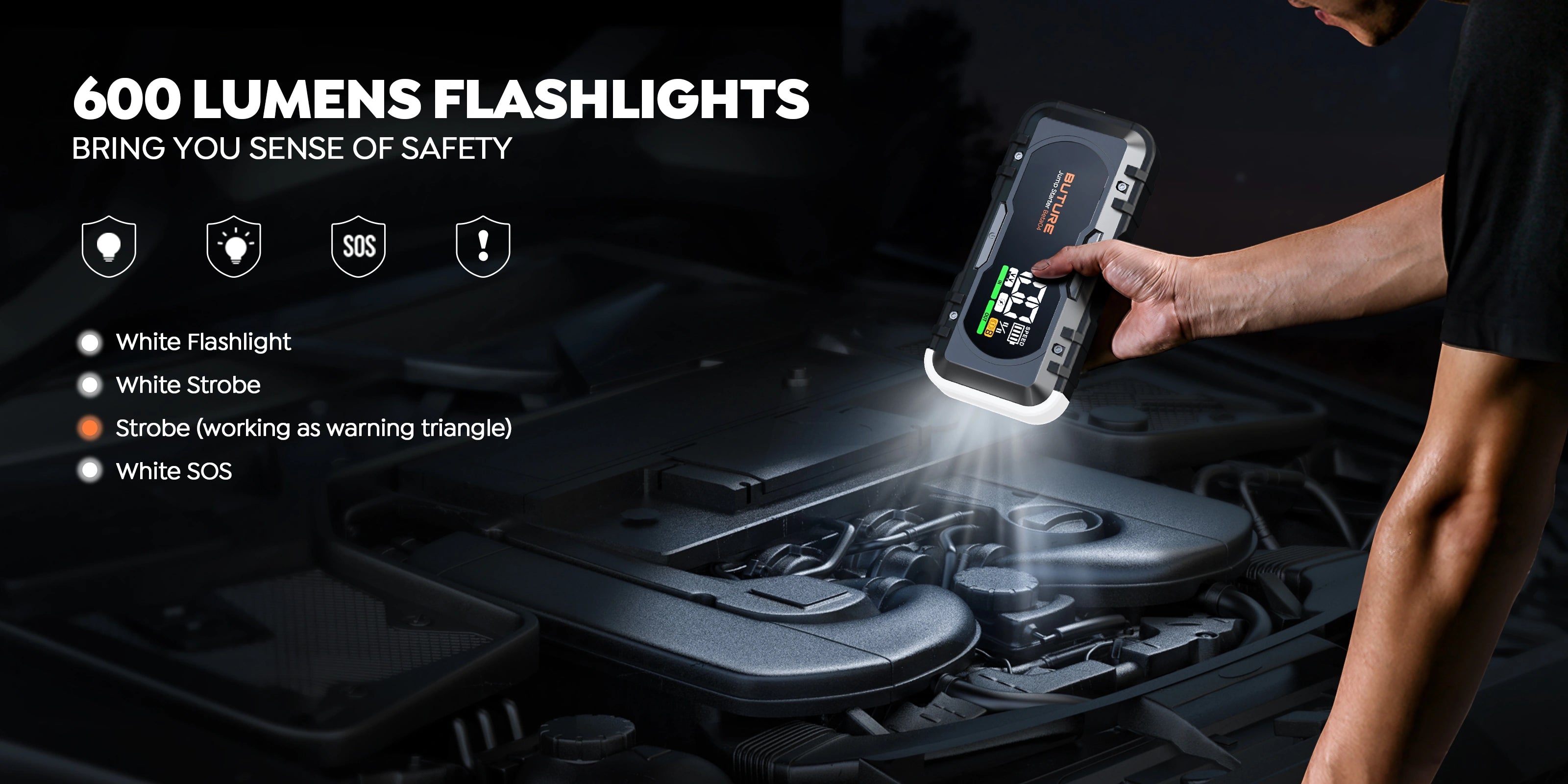 Buture Beta04 jump starter with 600 Lumens Flashlights of 4 lighting modes, bringing a sense of safety at night outdoors.
