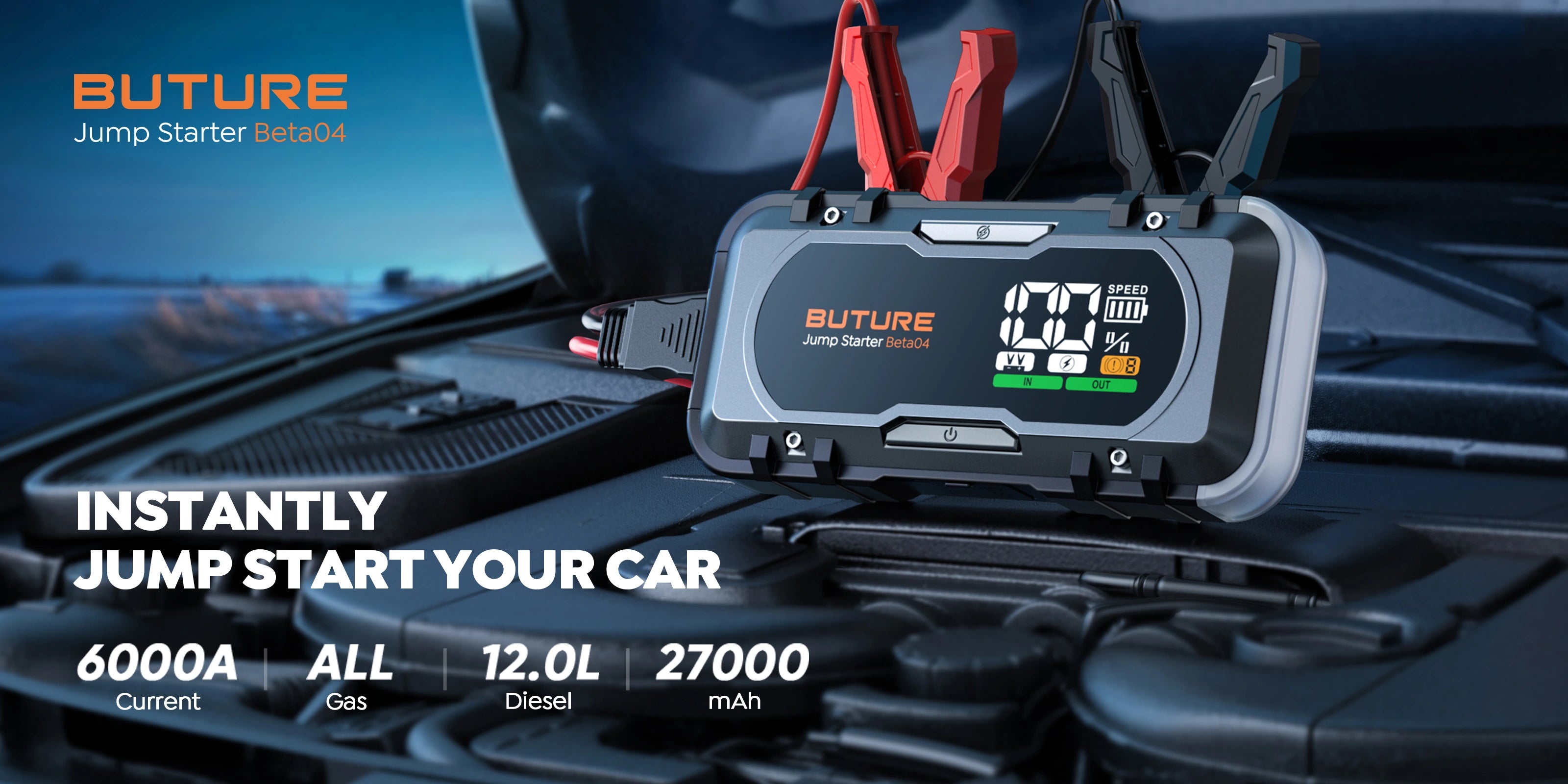 Buture Beta04 car jump starter 6000A with 27000mAh instantly jump start vehicles including all gas and 12.0L diesel.