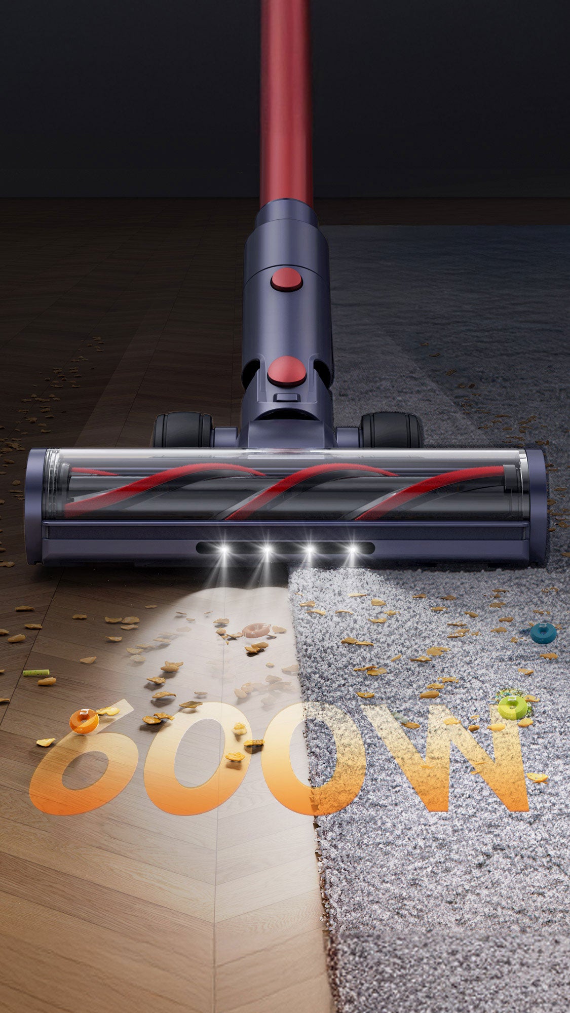 Buture BP20 cordless vacuum cleaner with high-power 600W motor and efficient floor brush, designed for deep cleaning on various surfaces.