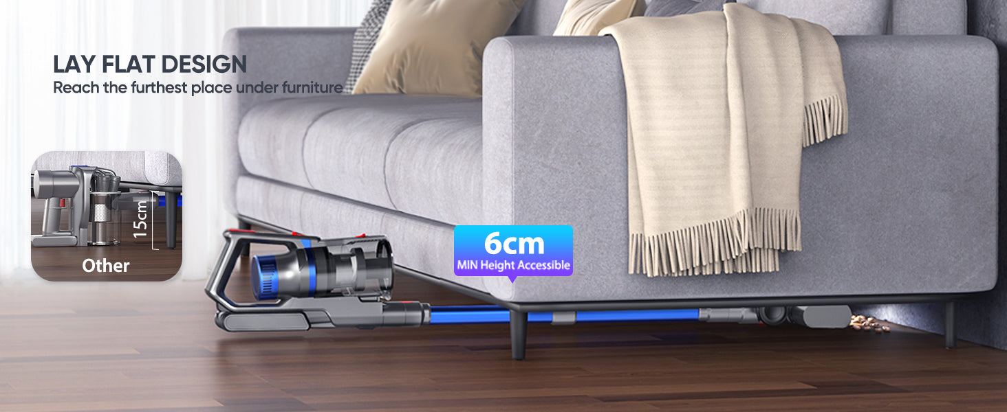 Buture JR500 cordless vacuum cleaner features a lay-flat design reaching as low as 6 cm to clean under furniture, compared to other vacuums with a minimum clearance of 15 cm.