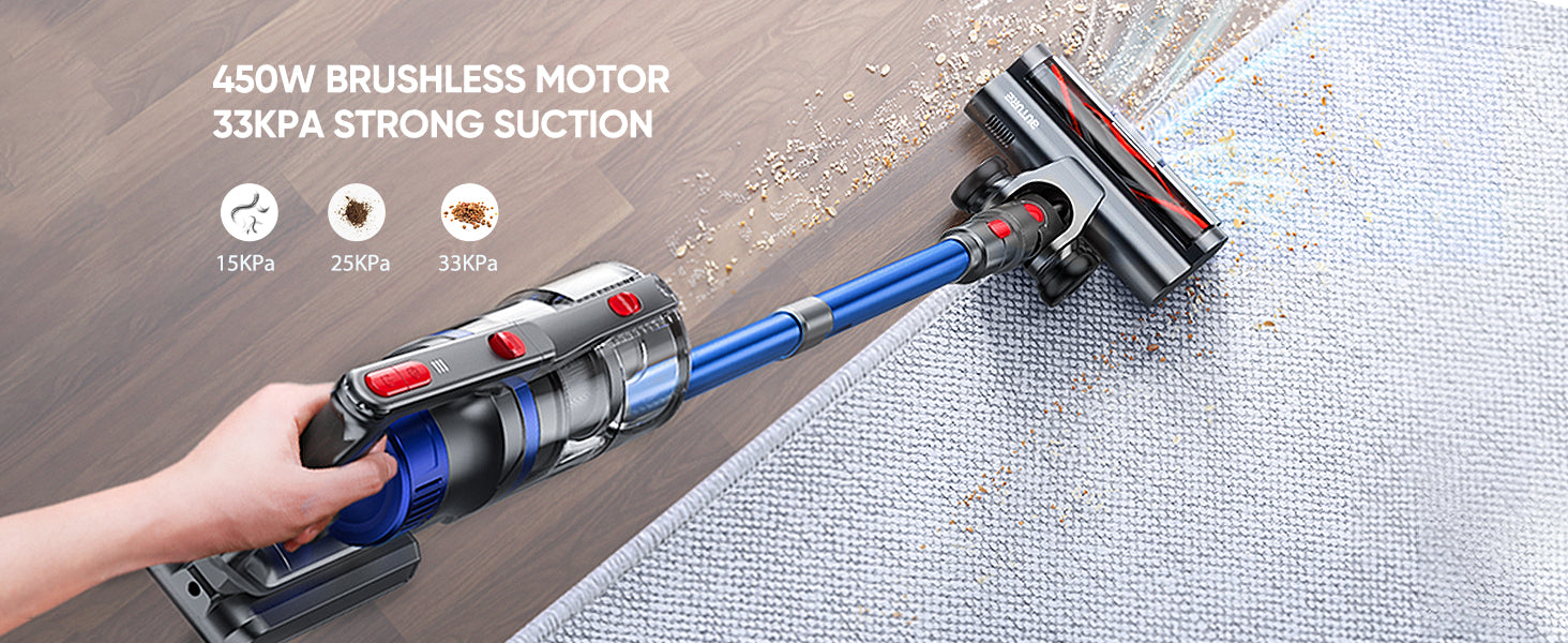 Buture JR500 cordless vacuum cleaner with a 450W brushless motor and adjustable suction levels of 15, 25, and 33 kPa for versatile cleaning performance.
