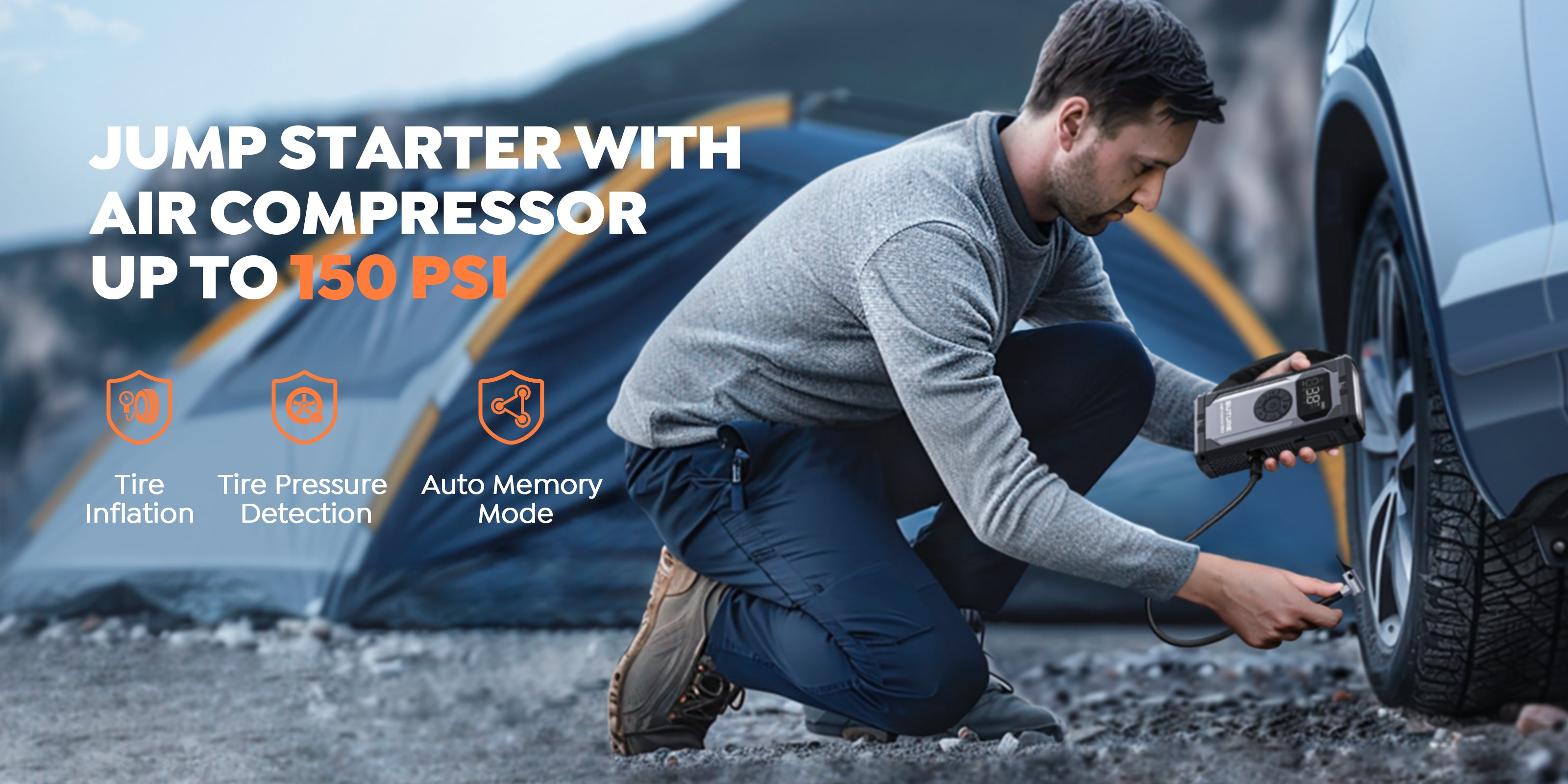 Buture Beta06 car jump starter with a built-in air compressor, up to 150 PSI for fast tire inflation, real-time tire pressure detection, and auto memory mode for hassle-free use outdoors events.