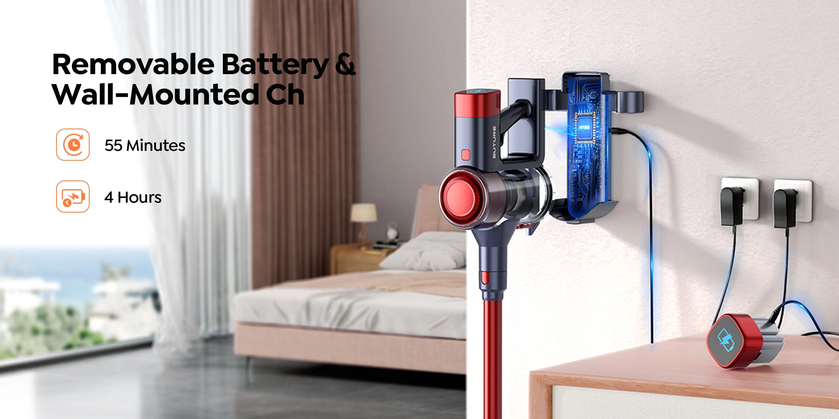 Buture VC50 Red cordless vacuum cleaner offers up to 55 minutes of runtime with a removable battery and convenient wall-mounted charging dock, fully recharging in just 4 hours for uninterrupted cleaning.