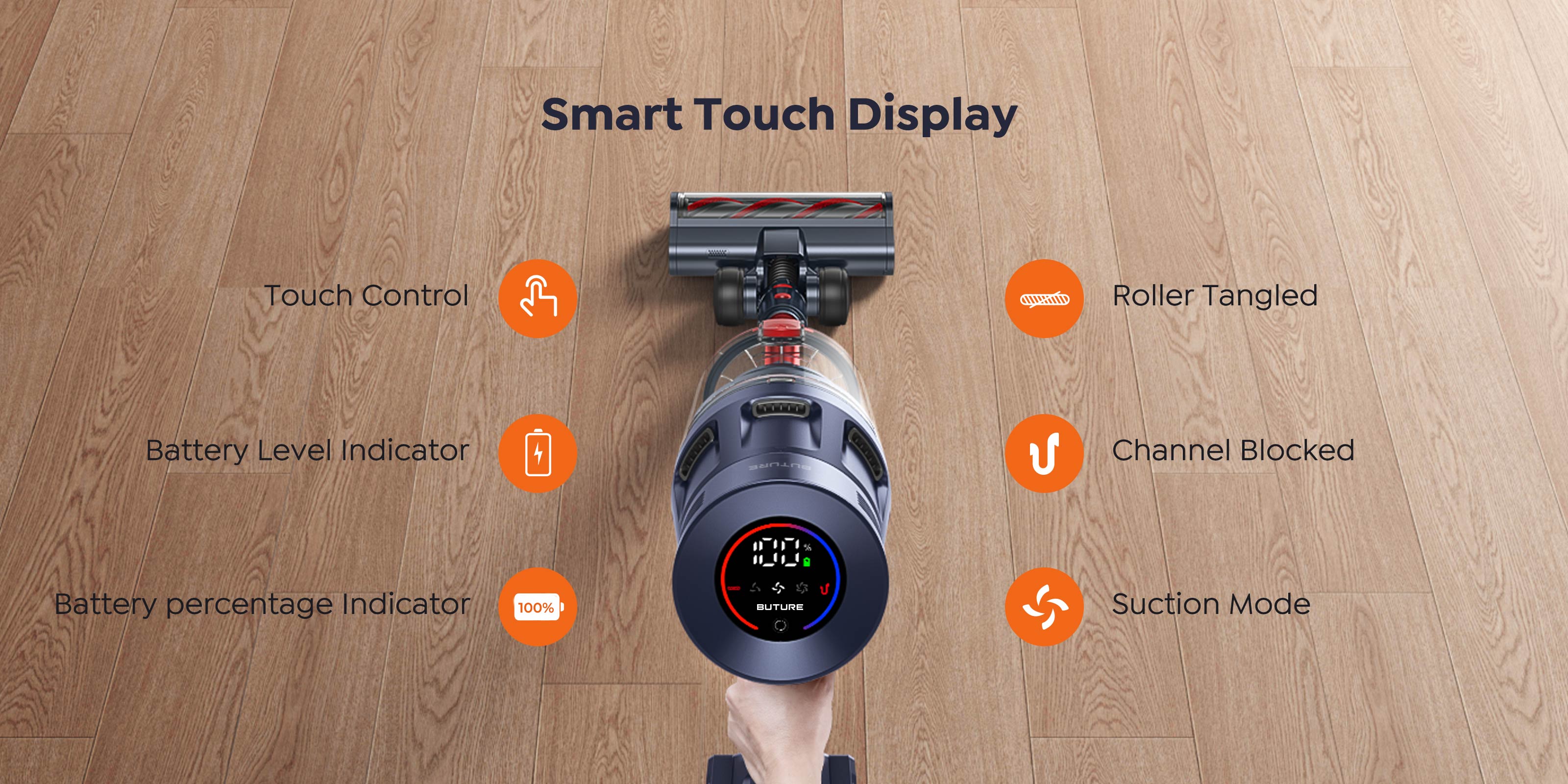 Buture BP20 cordless vacuum cleaner with smart LED touchscreen display, detects and adjusts settings in real-time, giving you longer runtime and complete cleaning confidence.
