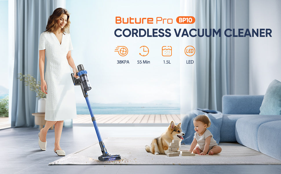 Buture BP10 Cordless Vacuum Cleaner – powerful 38KPA suction, up to 55 minutes of runtime, large 1.5L dustbin capacity, and a clear LED digital screen for efficient, versatile home cleaning.