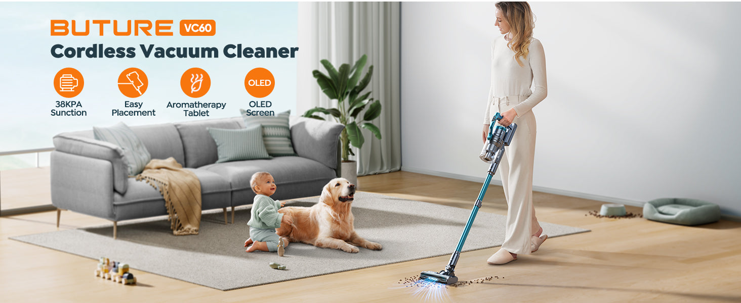 Buture VC60 cordless vacuum cleaner with powerful 38KPA suction, OLED screen, aromatherapy tablet, and space-saving easy placement design – efficient, versatile, and ideal for house cleaning.