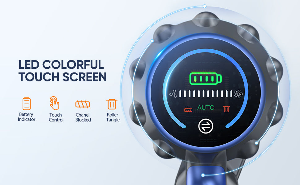 Buture BP10 Cordless Vacuum Cleaner with colorful LED touchscreen, displays battery level, allows easy touch control, and provides real-time alerts such as channel blockage or roller tangles for smarter, hassle-free cleaning.