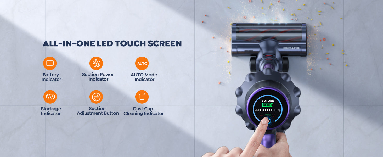 Buture VC70 Cordless Vacuum Cleaner – All-in-one LED touch screen displaying battery level, suction power, AUTO mode status, blockage alerts, and dust cup cleaning reminders, with a touch button for adjusting suction settings easily and intuitively.