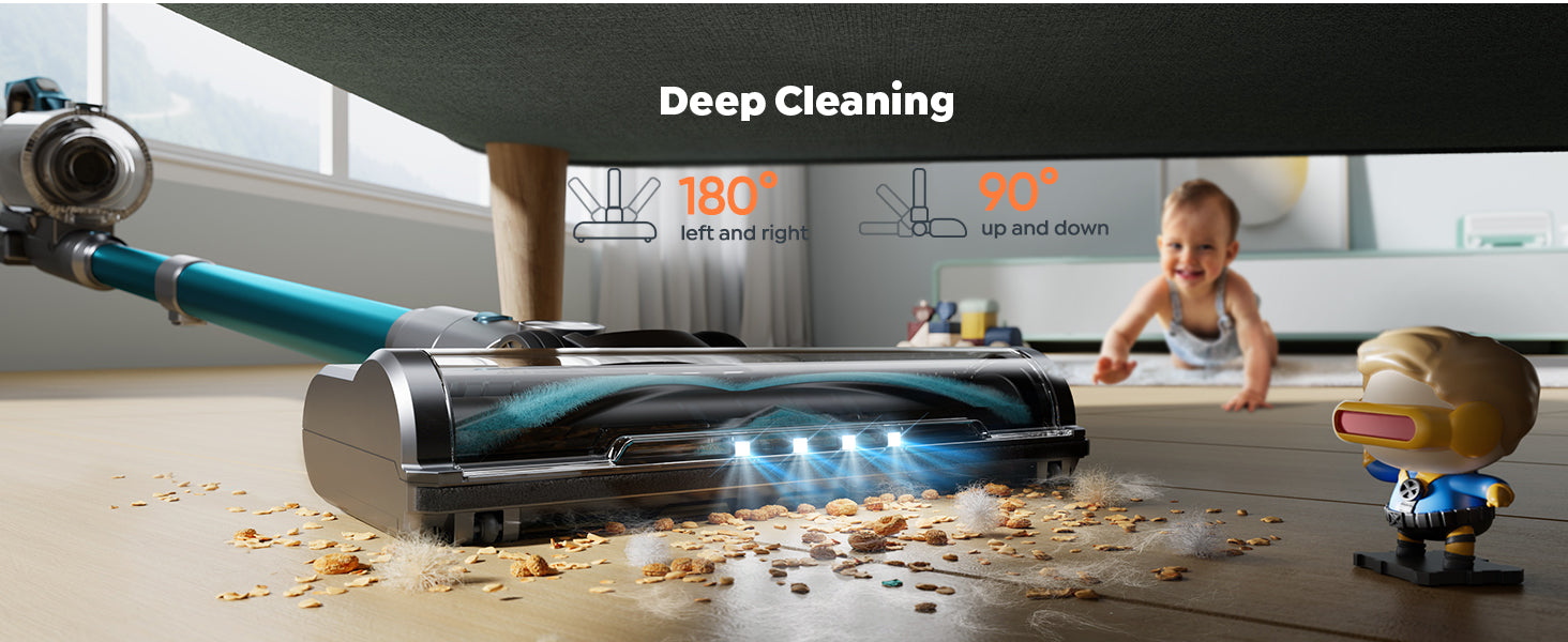 Buture VC60 cordless vacuum cleaner with double handle design for easy deep cleaning, featuring 180° swivel and 90° tilt for effortless maneuvering under furniture.