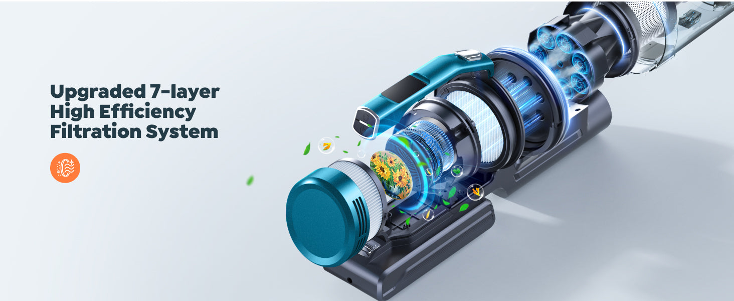 Buture VC60 cordless vacuum cleaner with upgraded 7-layer high-efficiency filtration system and built-in fragrance tablets for cleaner air and a fresh, pleasant scent while cleaning.