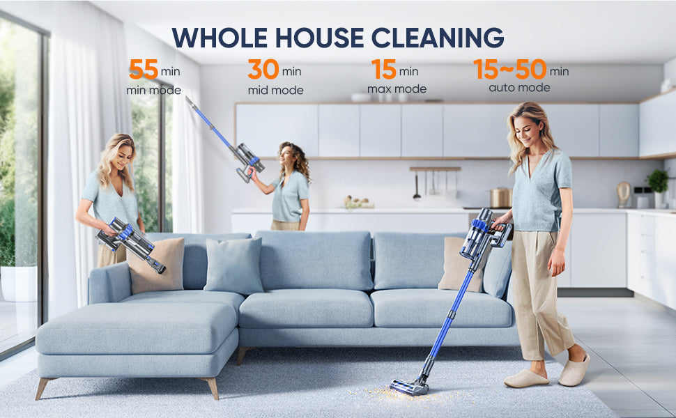 Buture BP10 Cordless Vacuum Cleaner enables whole-house cleaning with extended run times—up to 55 minutes in MIN mode, 30 minutes in MID, 15 minutes in MAX, and 15–50 minutes in AUTO mode—ideal for various cleaning needs across large spaces.