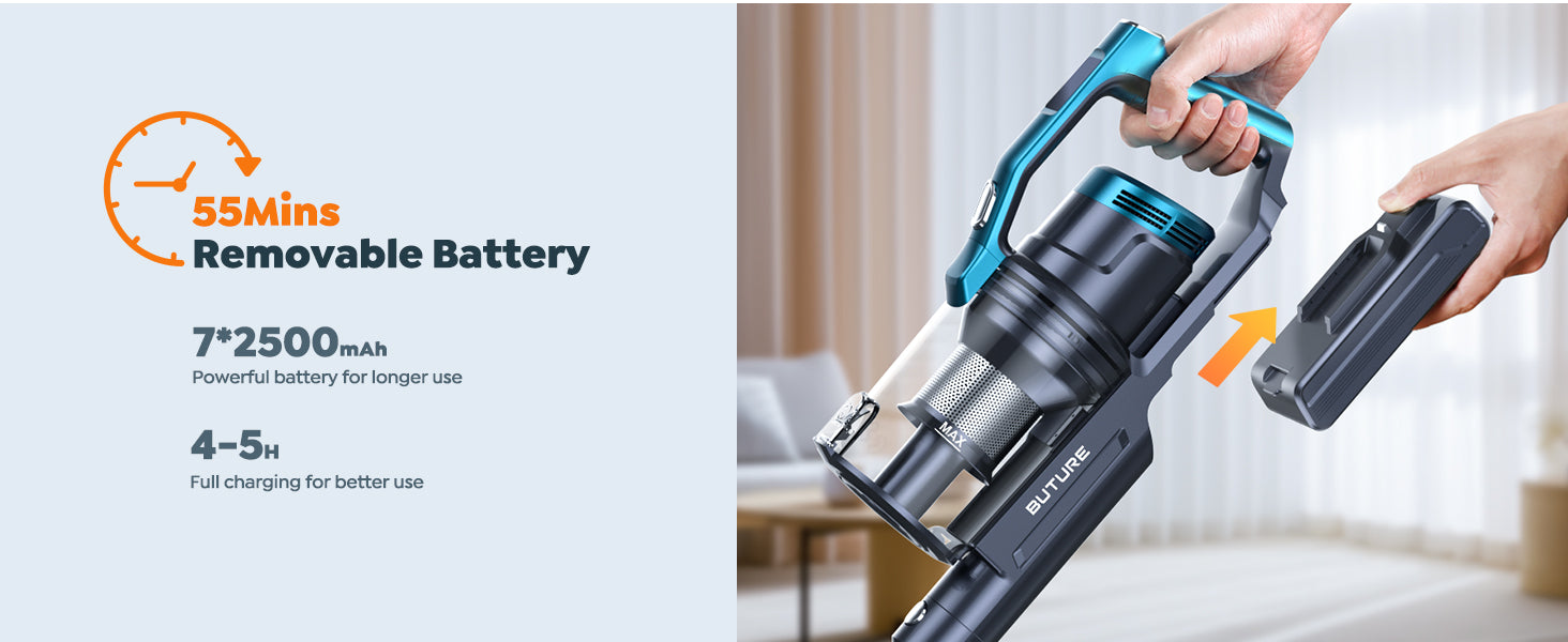 Buture VC60 cordless vacuum cleaner with 7×2500mAh removable battery, delivering up to 55 minutes of runtime and fully rechargeable in 4–5 hours for extended, uninterrupted cleaning.