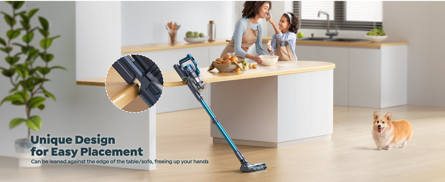 Buture VC60 cordless vacuum cleaner with unique easy placement design, can be leaned against a table or sofa edge to free your hands during cleaning breaks.