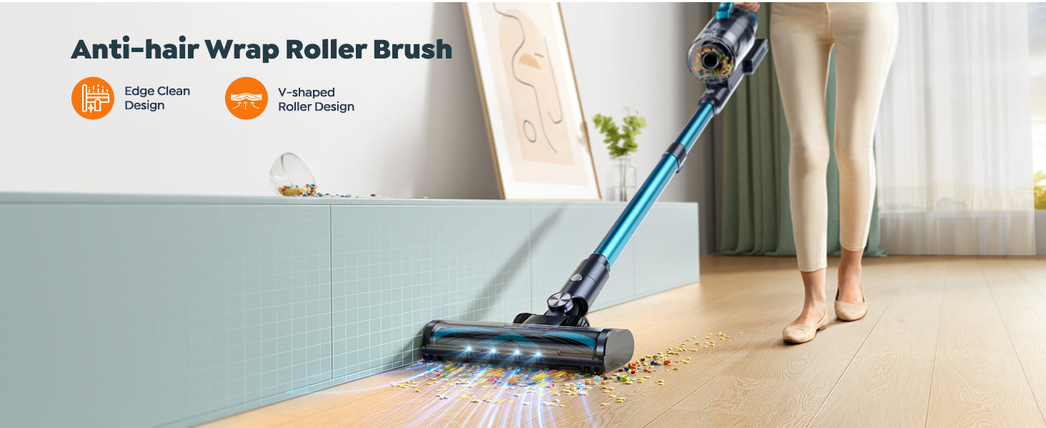 Buture VC60 cordless vacuum cleaner with anti-hair wrap roller brush, V-shaped roller design, and edge-clean feature for efficient cleaning along walls and hard-to-reach areas.