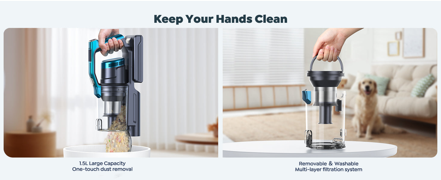 Buture VC60 cordless vacuum cleaner with 1.5L large capacity dustbin, one-touch removable and washable design, multi-layer filtration system to keep your hands clean and maintain efficient cleaning.