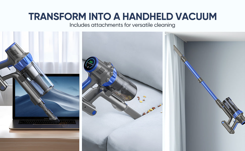 Buture BP10 Cordless Vacuum Cleaner transforms into a handheld vacuum with included attachments, allowing for flexible cleaning of desktop, sofa creives, and high-reach curtains.