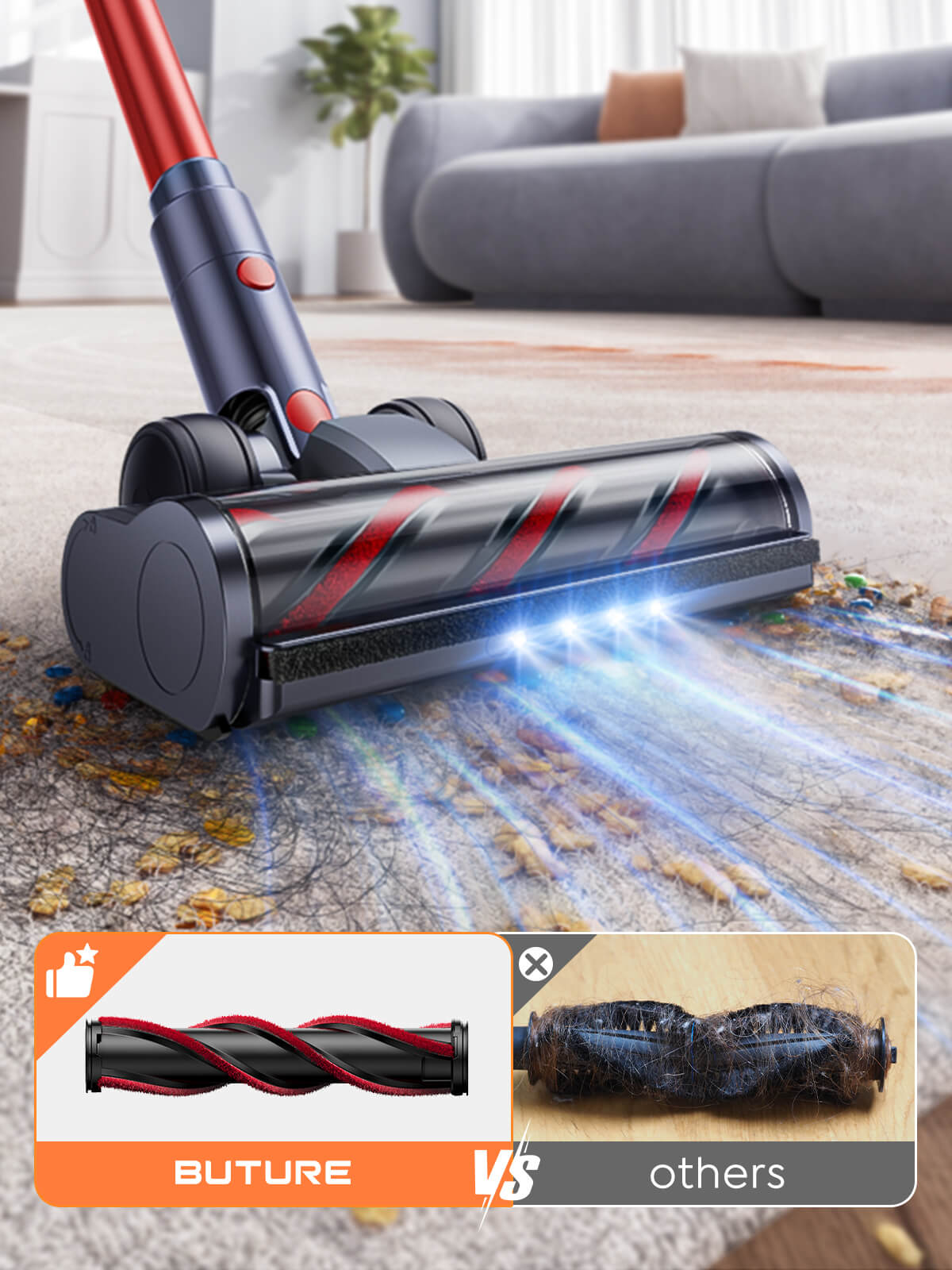 Buture BP20 upgraded anti-tangle roller brush prevents hair and debris from getting caught, offering smoother, uninterrupted cleaning performance compared to other brands.
